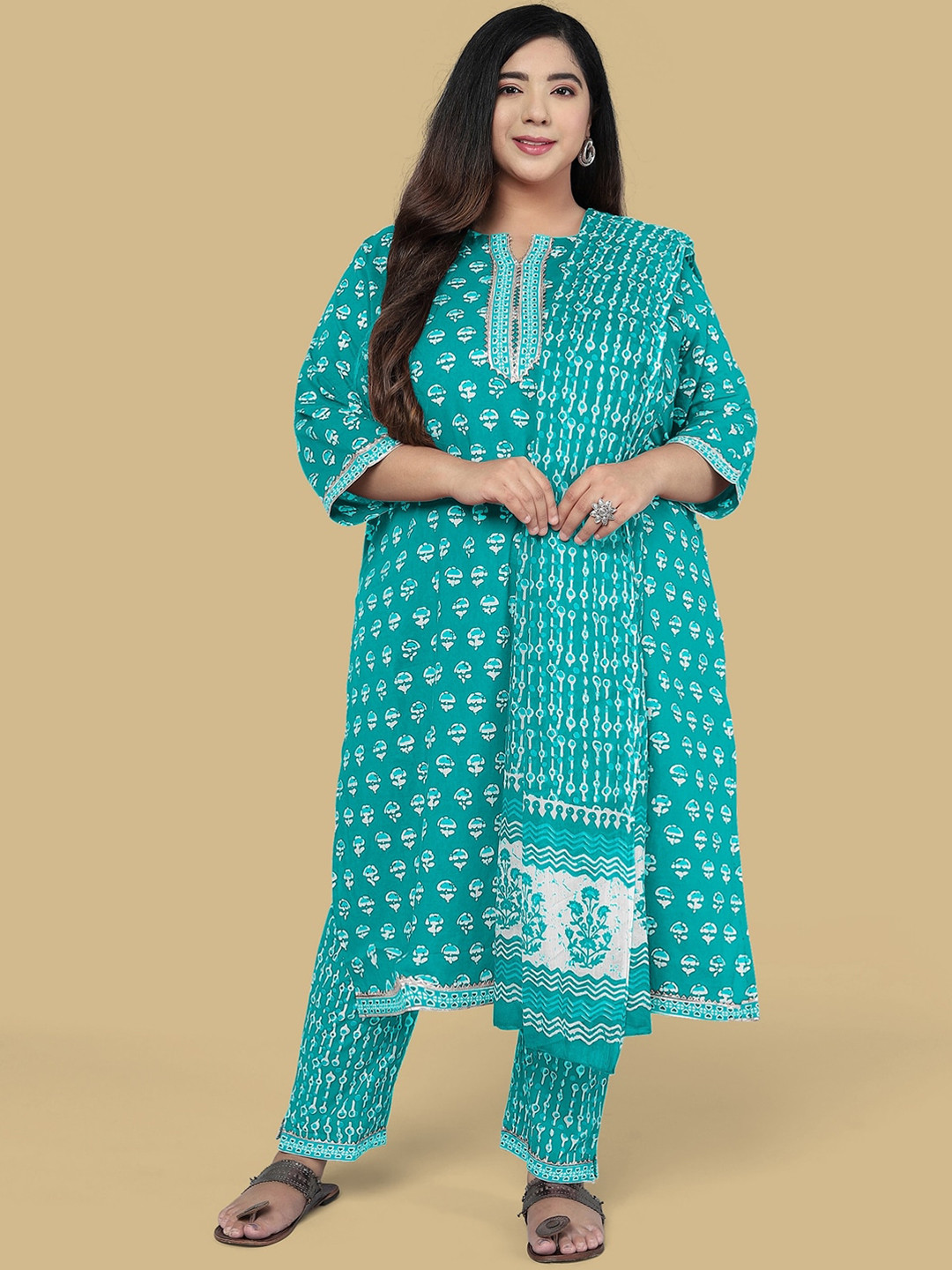 

MIRCHI FASHION Women Ethnic Motifs Pure Cotton Kurta with Trousers & With Dupatta, Turquoise blue