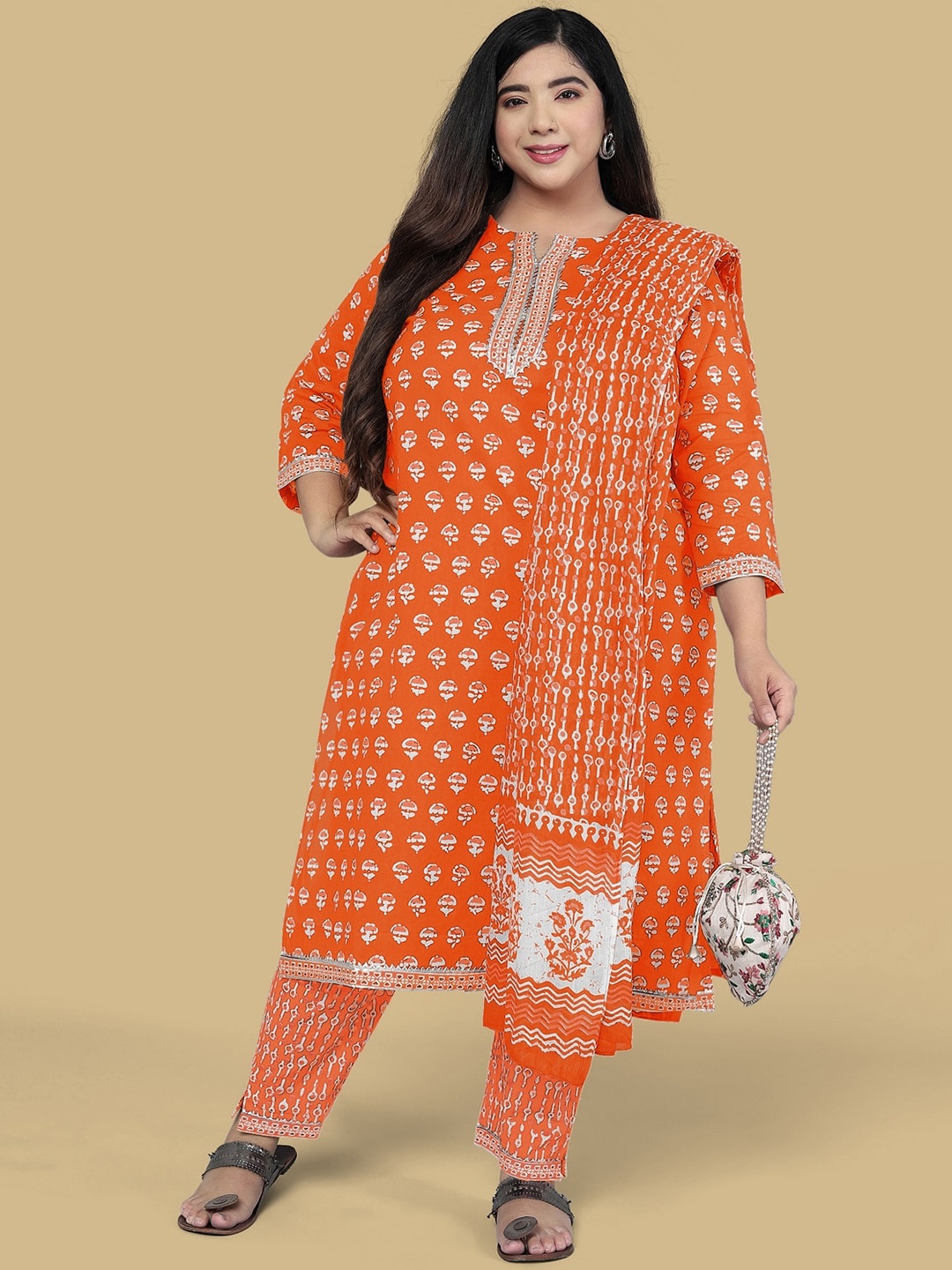 

MIRCHI FASHION Plus Women Printed Gotta Patti Pure Cotton Kurta with Trousers & Dupatta, Orange