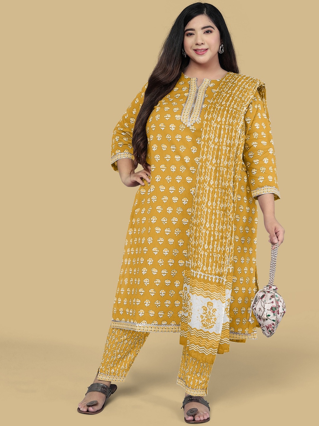 

MIRCHI FASHION Plus Size Women Batik Print Pure Cotton Kurta With Trouser And Dupatta, Mustard