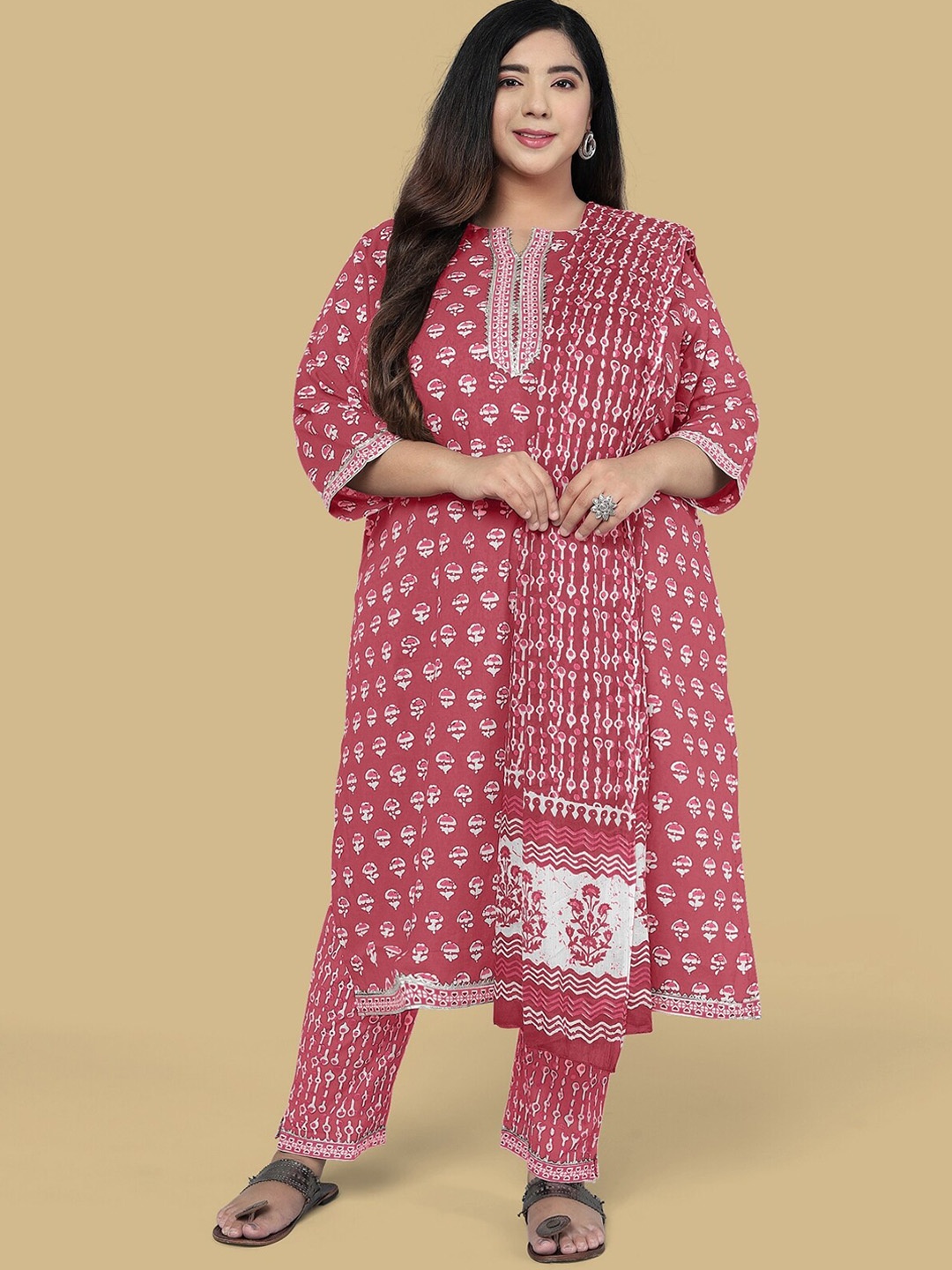 

MIRCHI FASHION Plus Size Women Printed Pure Cotton Kurta with Trousers & With Dupatta, Pink