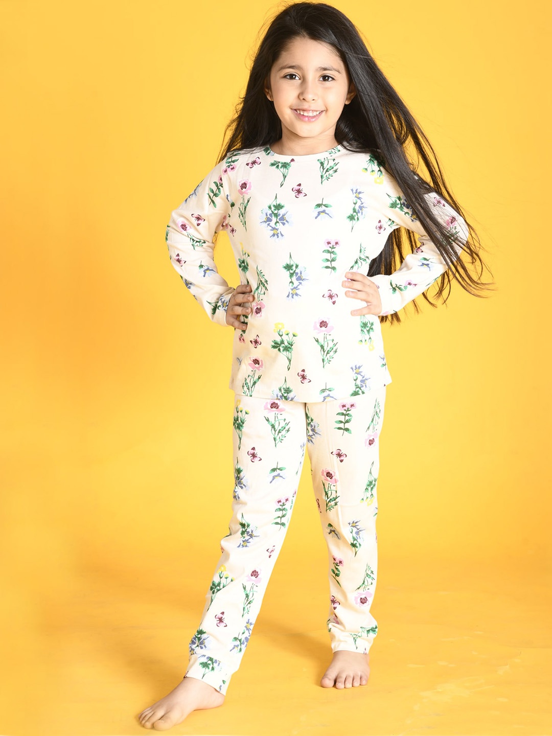 

Anthrilo Girls Printed Pure Cotton Night Suit, Off white