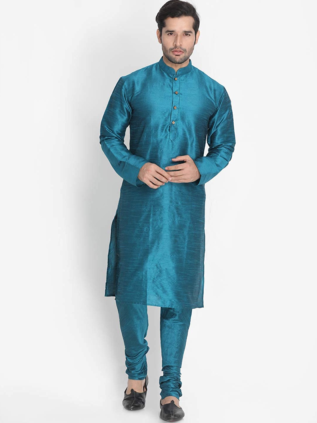 

ROYAL KURTA Men Blue Pleated Dupion Silk Kurta with Churidar Pant