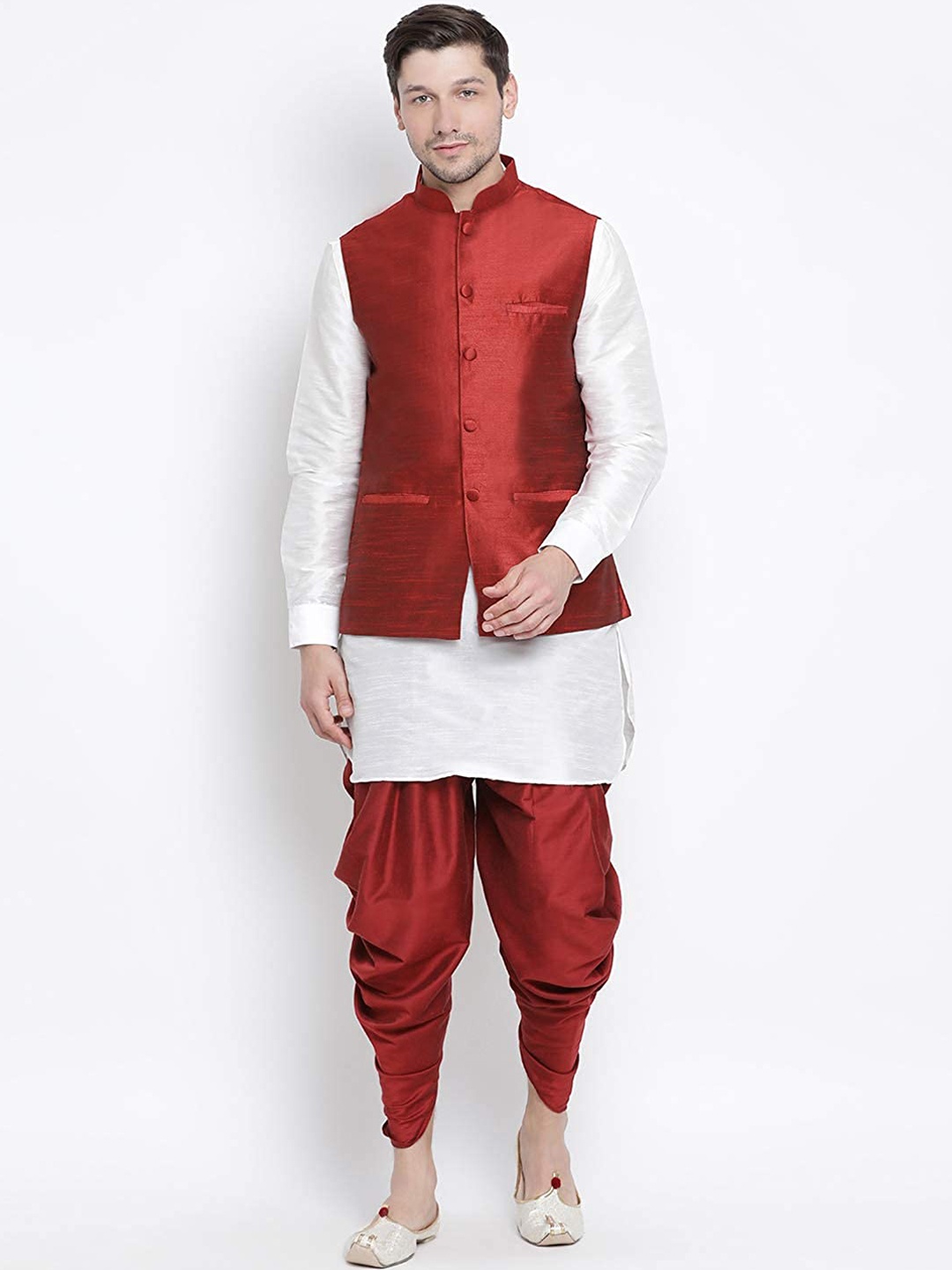 

ROYAL KURTA Men White Pleated Dupion Silk Kurta with Dhoti Pants & Nehru Jacket