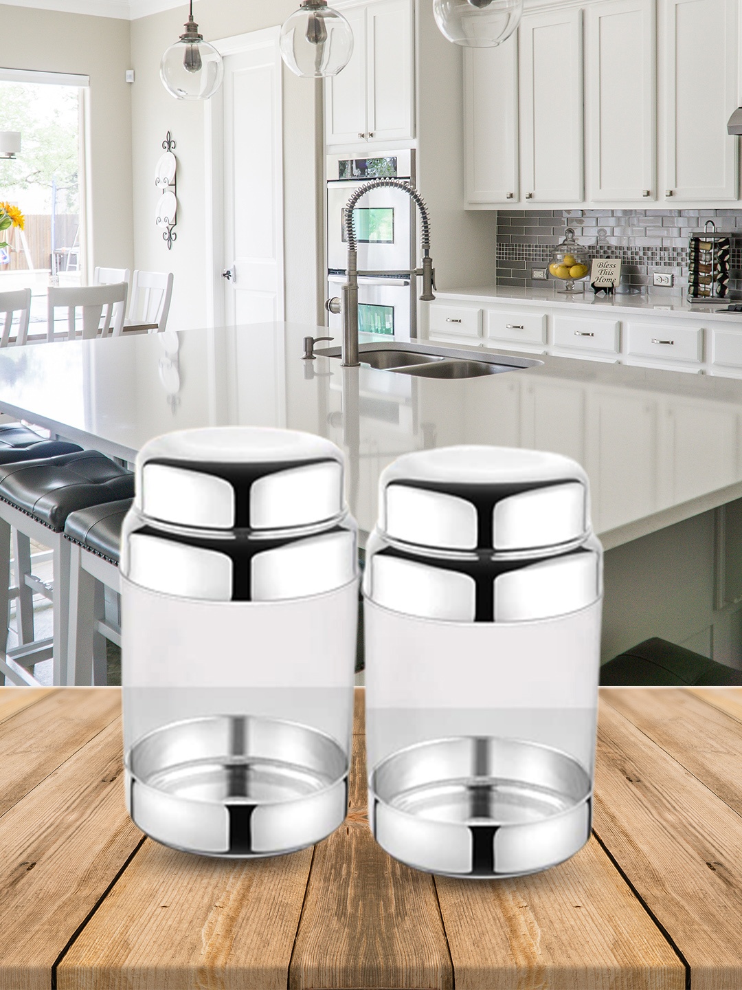 

DREAM WEAVERZ Set Of 2 Silver-Toned & Transparent Solid Storage Canisters