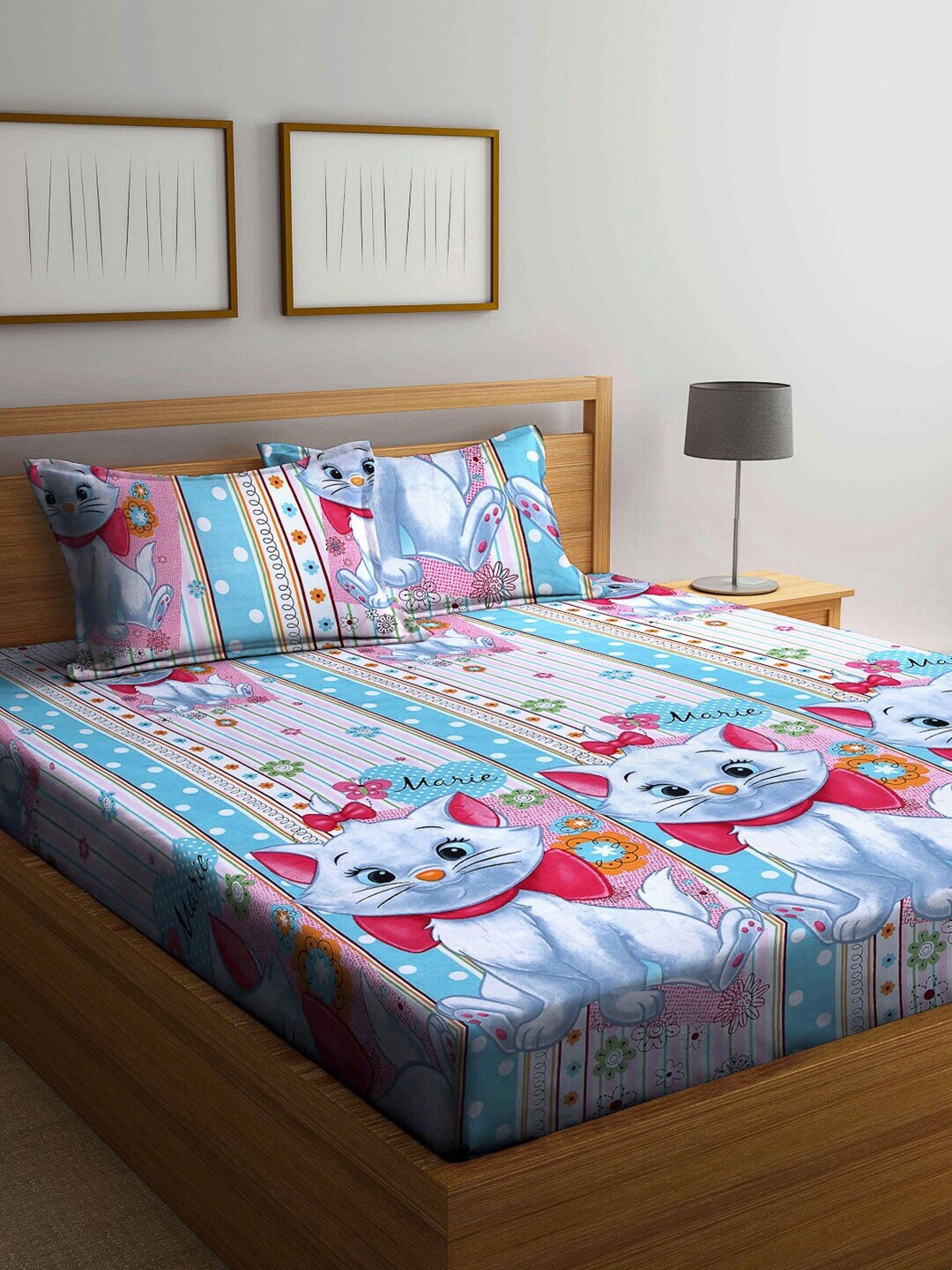 

KLOTTHE Cartoon Characters Printed 300 TC King Bedsheet with 2 Pillow Covers, Blue