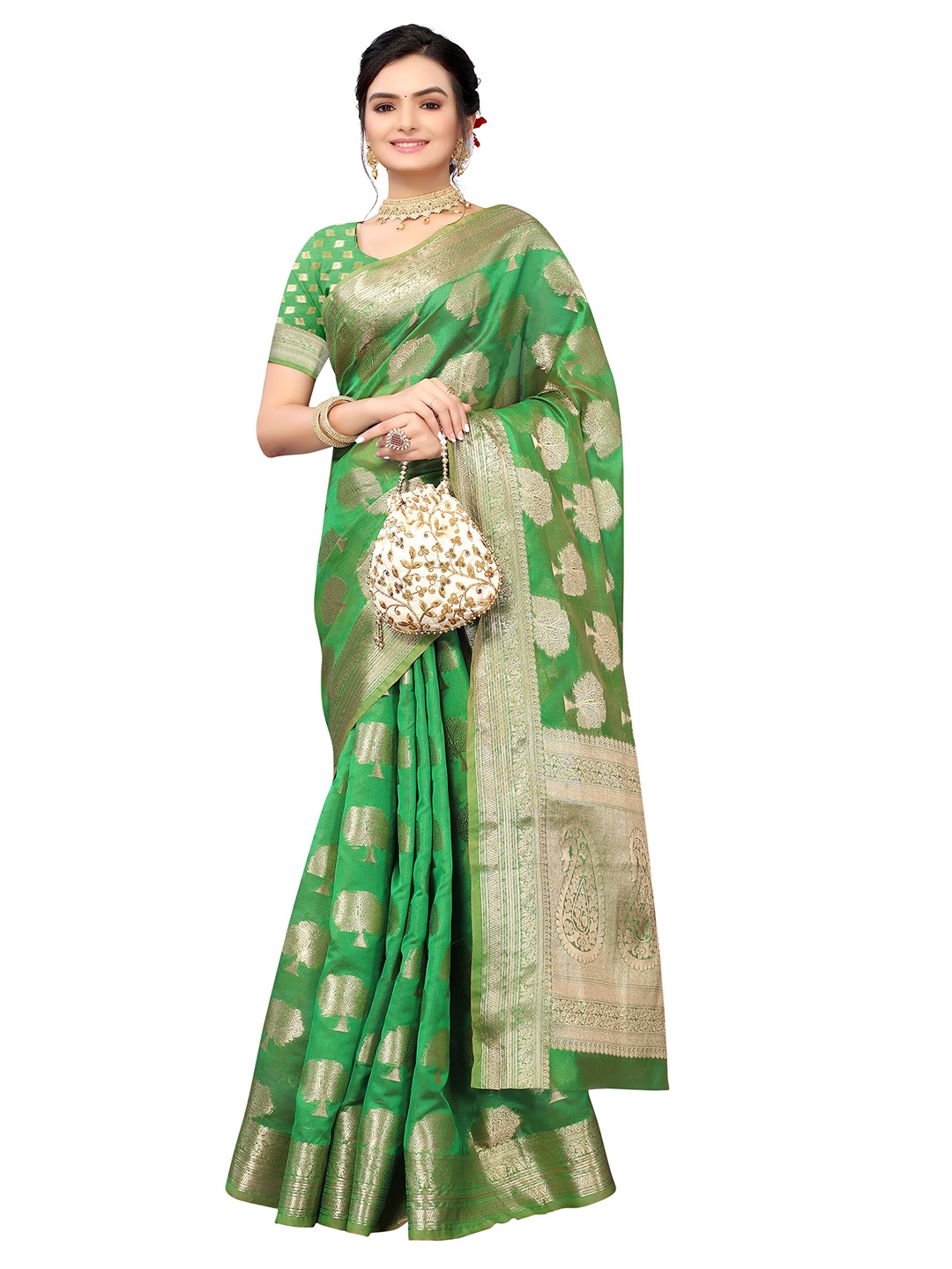 

Nimayaa Olive Green & Gold-Toned Woven Design Zari Organza Ready to Wear Saree