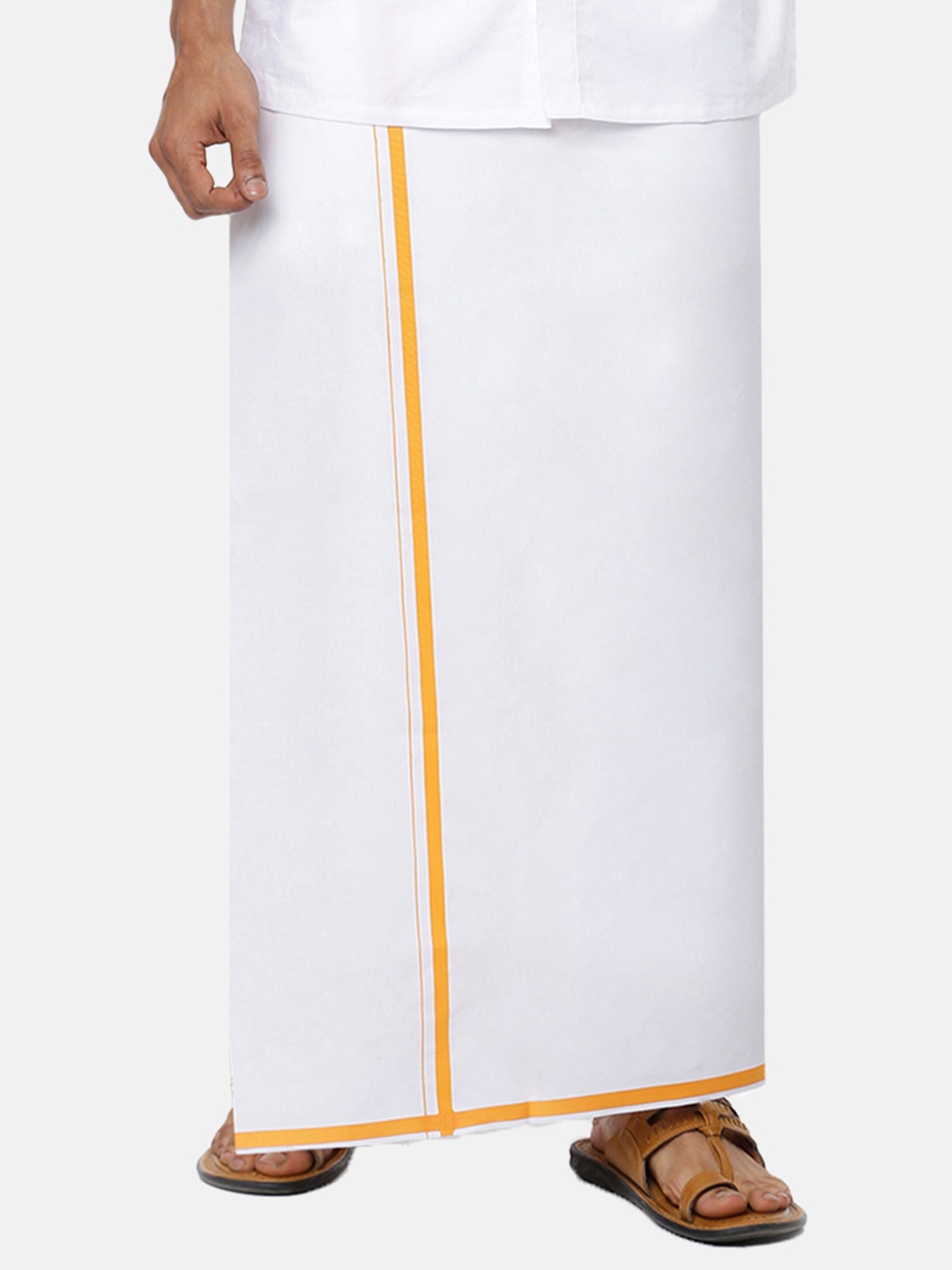 

Ramraj Mens Pure Cotton White Dhoti with Yellow Border Border