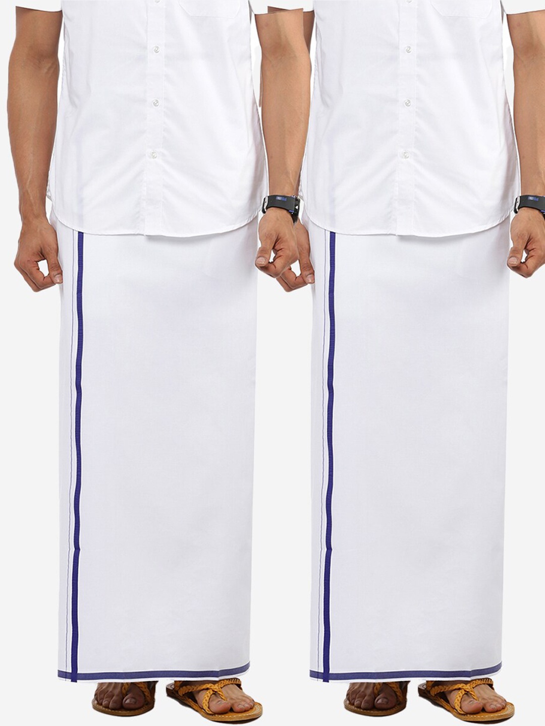 

Ramraj Men Pack Of 2 White & Navy Blue Solid Pure Cotton Dhotis