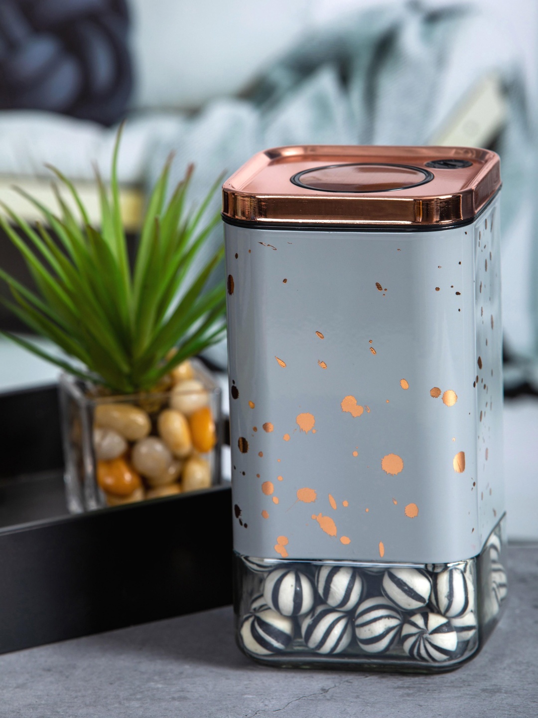 

White Gold Silver-Toned Printed Food Container Glass Jar With Lid