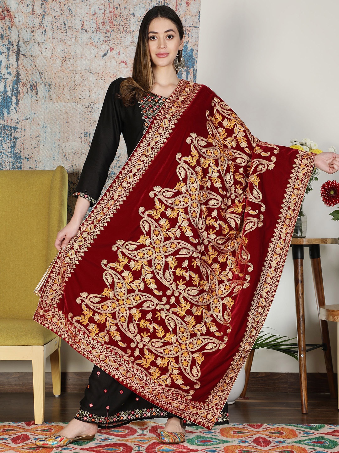 

Moda Chales Women Maroon & Mustard Floral Embroidered Velvet Shawl