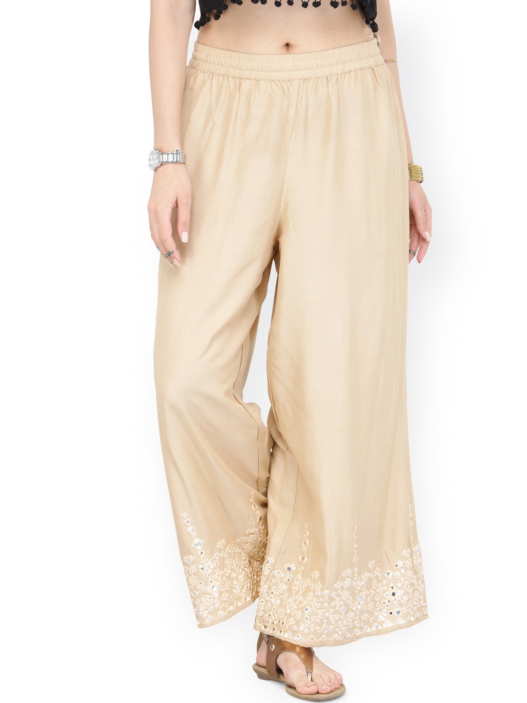 

Varanga Women Beige Mirror Work Solid Straight Palazzos