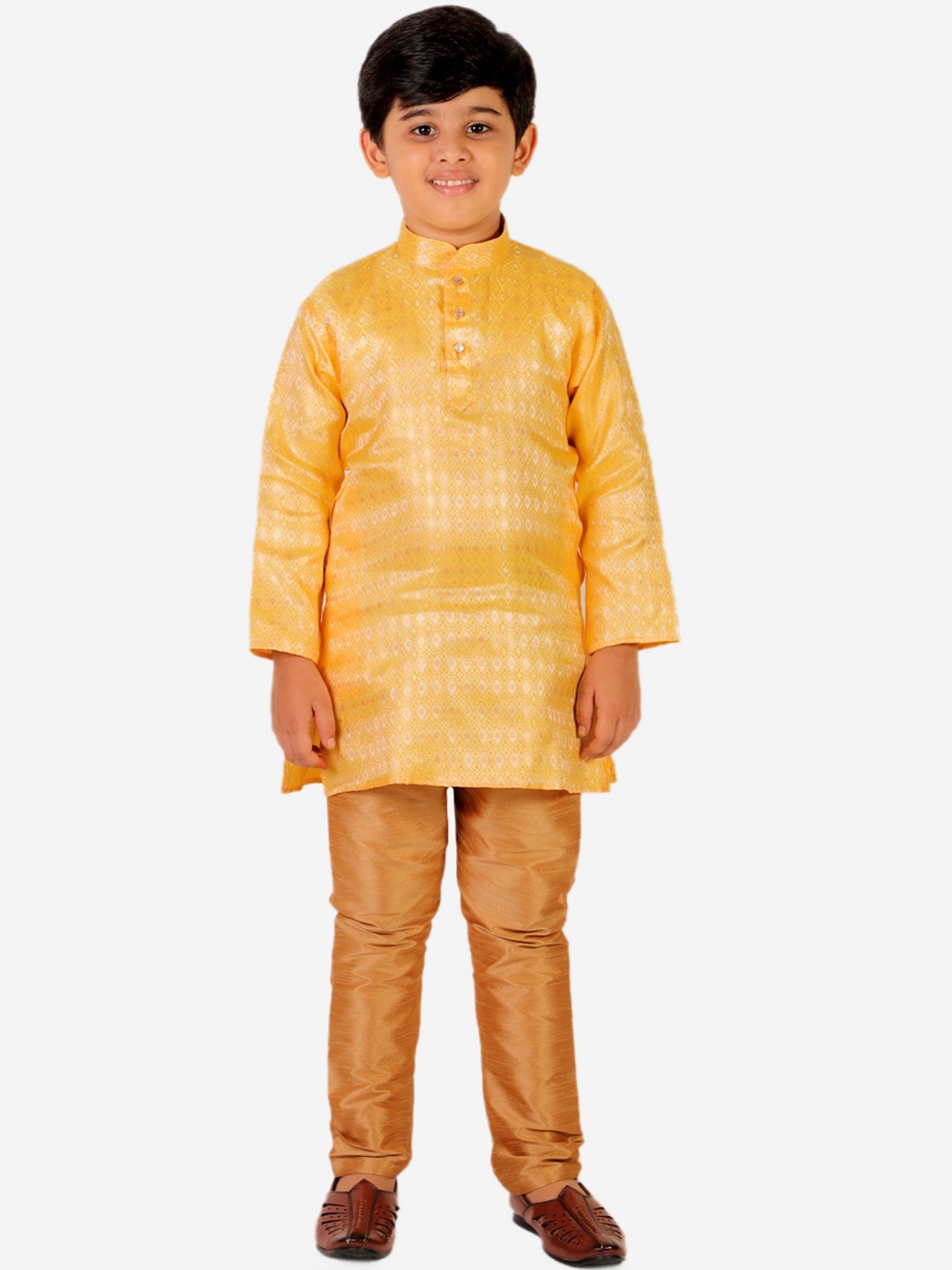 

Pro-Ethic STYLE DEVELOPER Boys Pure Silk Woven Design Kurta with Pyjama Set, Yellow