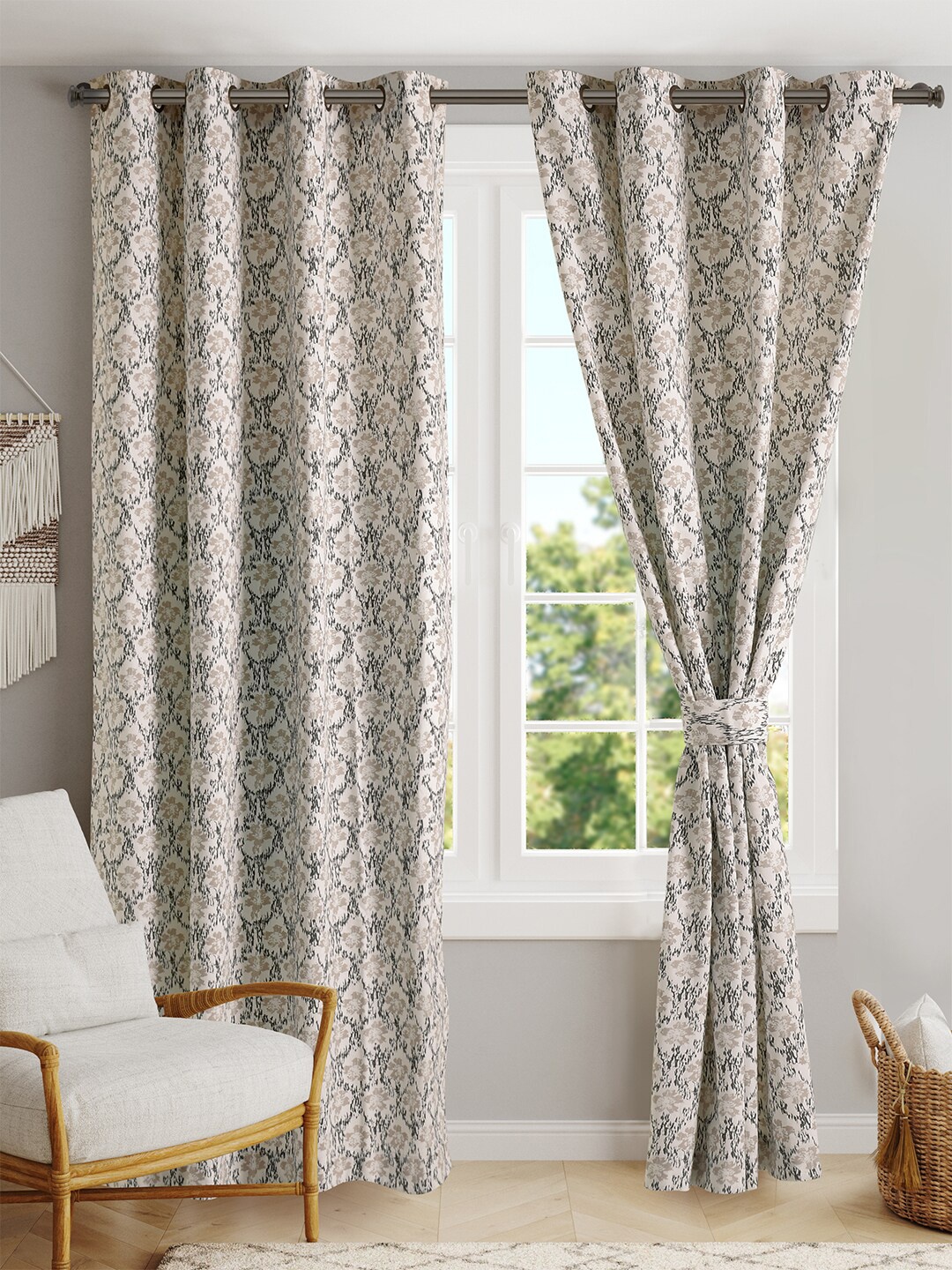 

BLANC9 Grey & Beige Set of 2 Floral Room Darkening Long Door Curtain