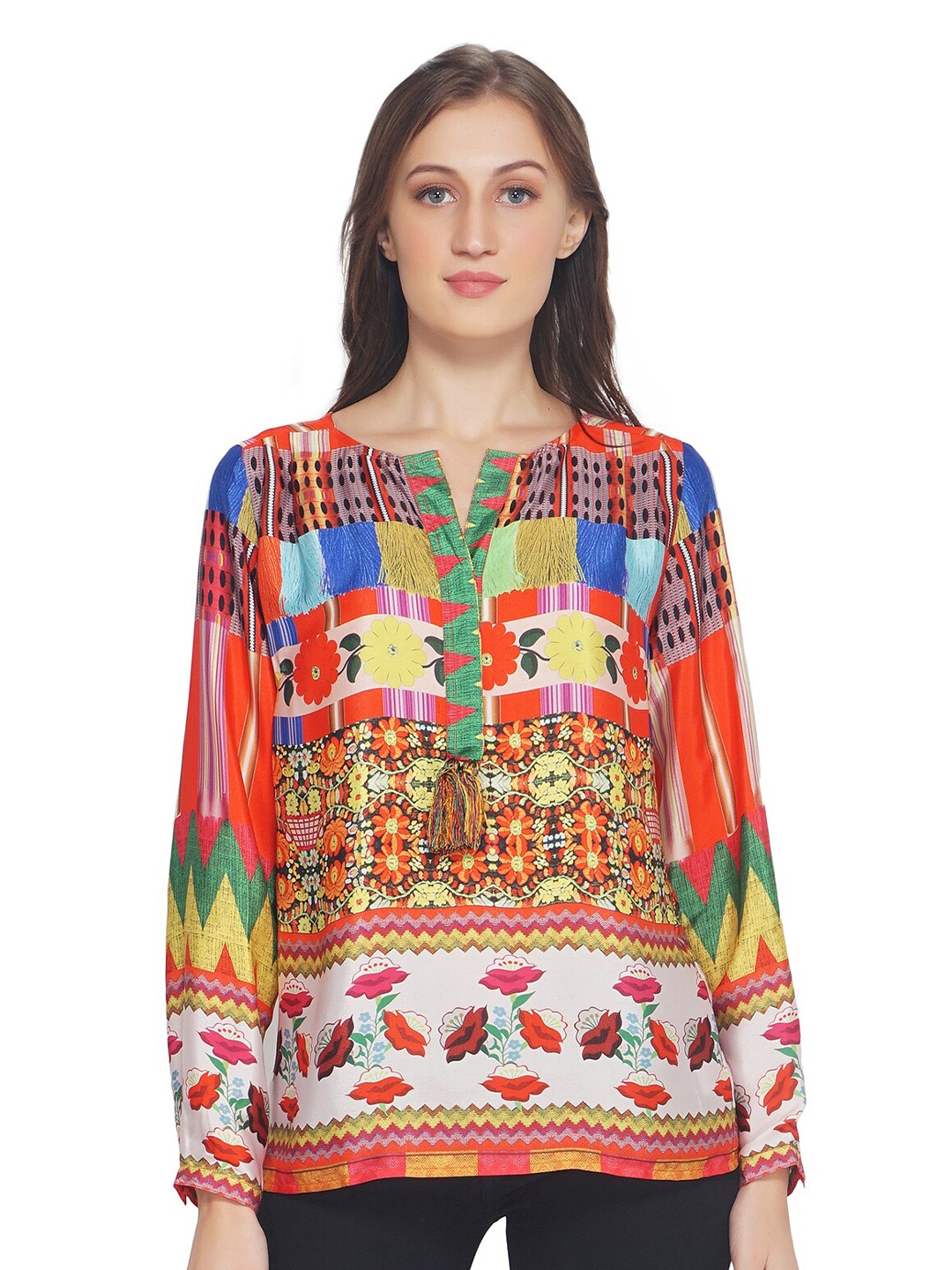 

TSM Women Multicoloured Print Keyhole Neck Georgette Top, Multi