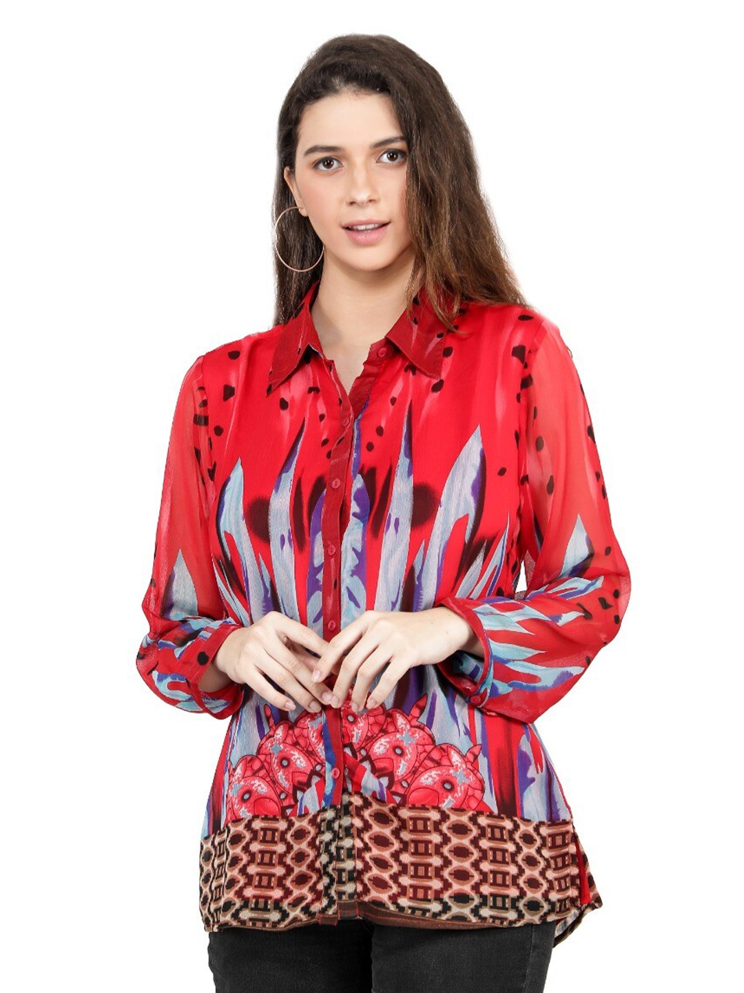 

TSM Women Red & Blue Printed Casual Shirt