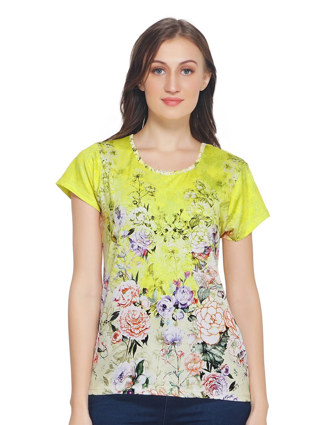 

TSM Women Yellow Floral Printed Round Neck Top