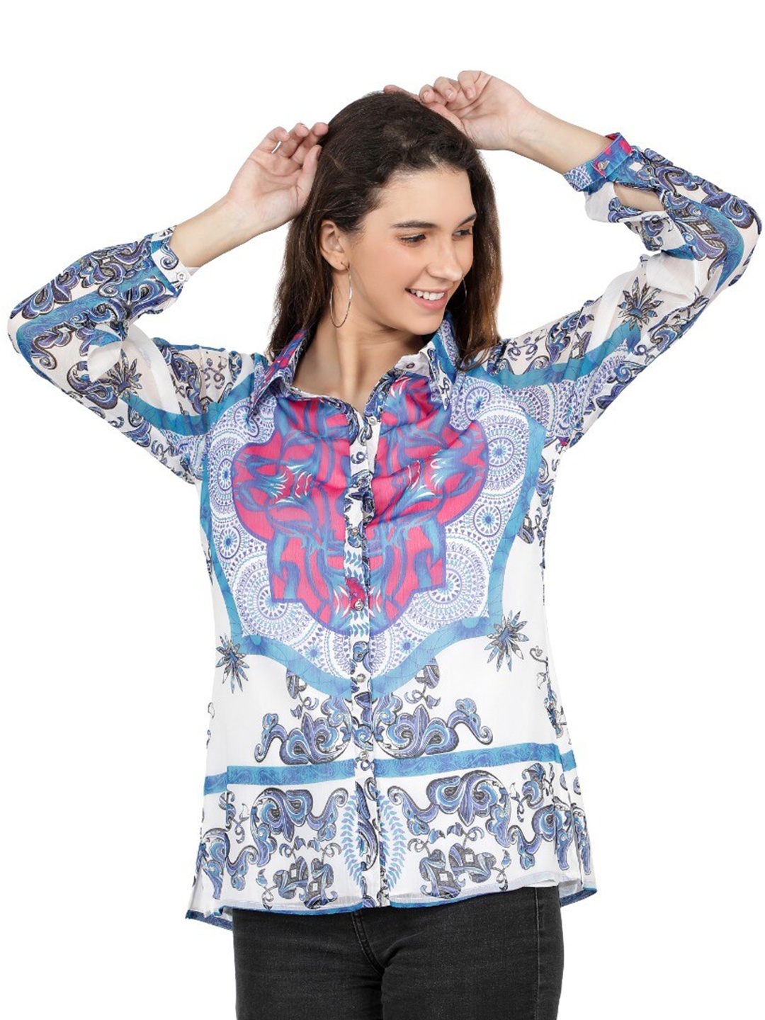 

TSM Women White & Blue Printed Casual Shirt