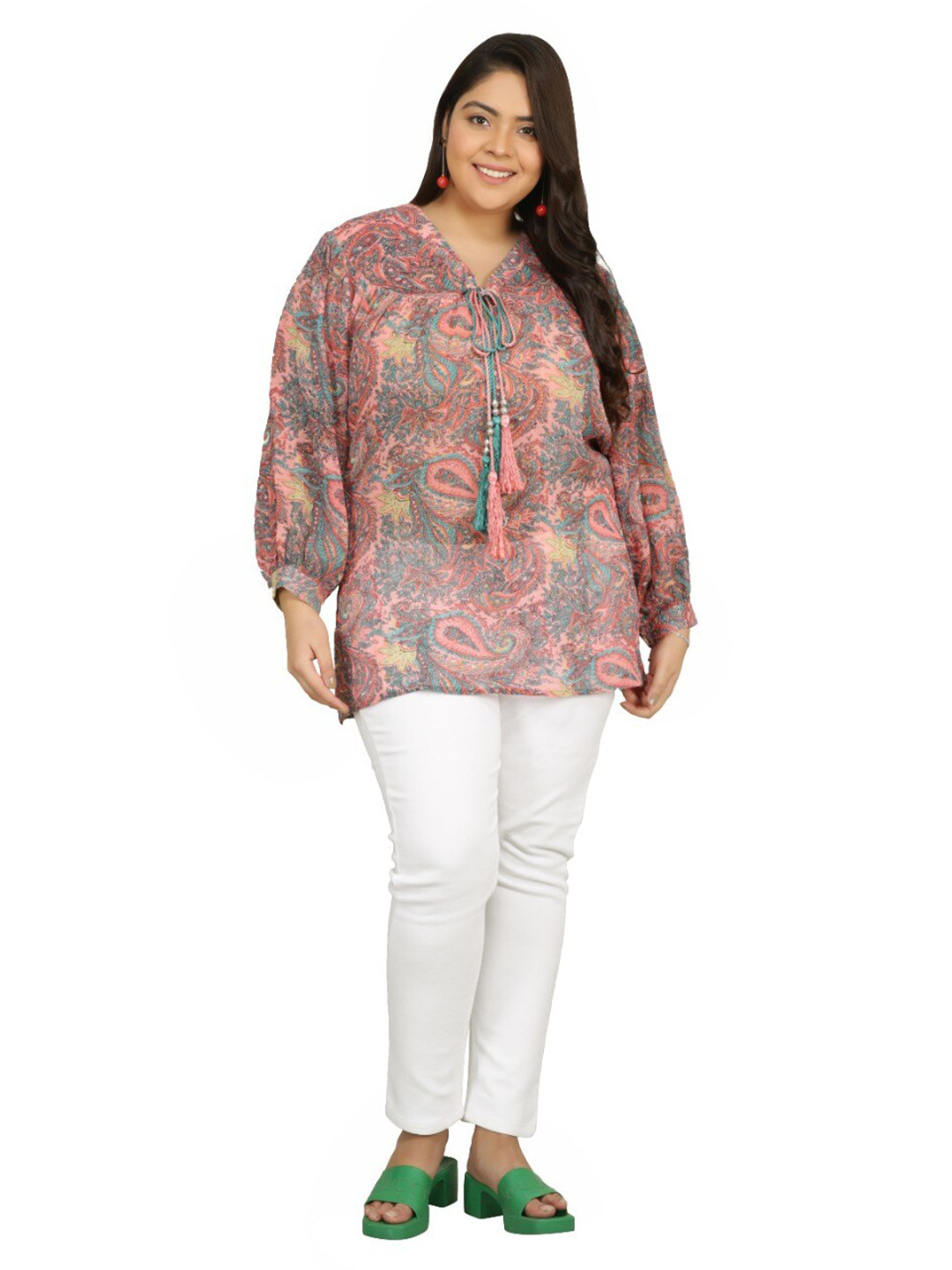 

TSM Pink Floral Print Tie-Up Neck Georgette Shirt Style Top