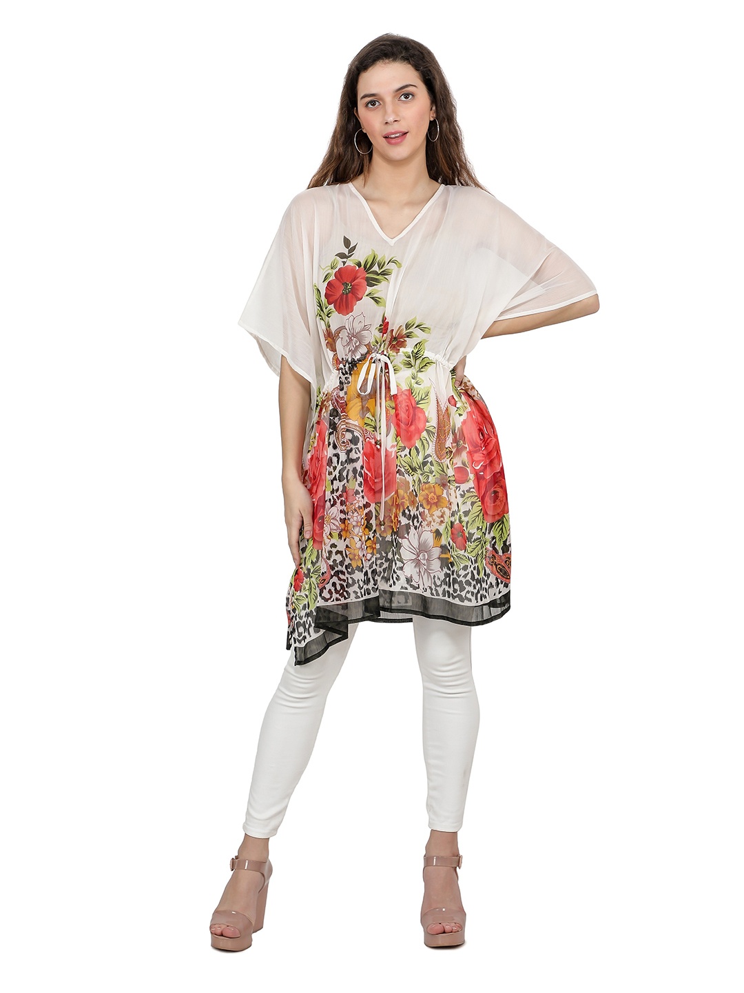 

TSM White Floral Georgette Kaftan Dress