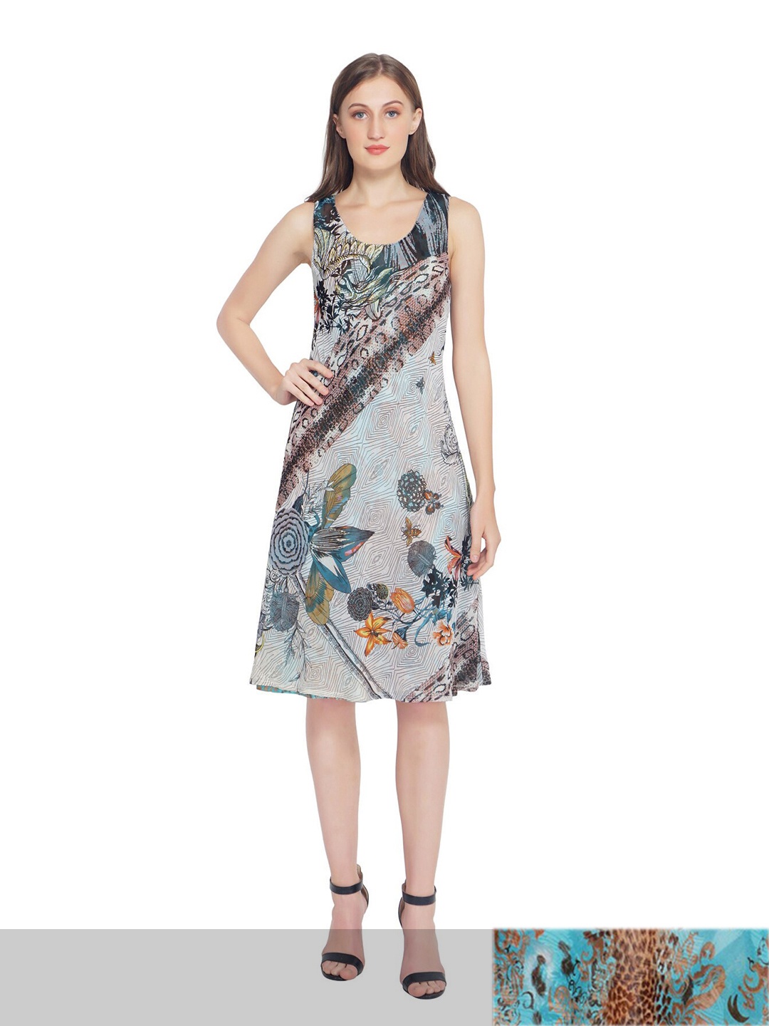 

TSM Beige Printed Animal Georgette Sleeveless A-Line Dress