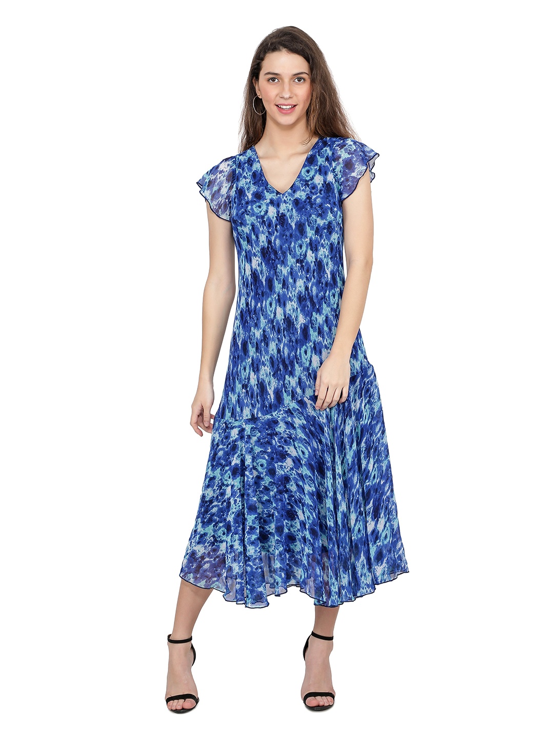 

TSM Blue Printed Tie And Dye Georgette Midi Dress