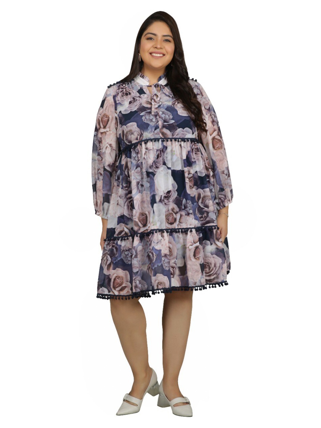 

TSM White Plus Size Printed Floral Tie-Up Neck Crepe A-Line Dress