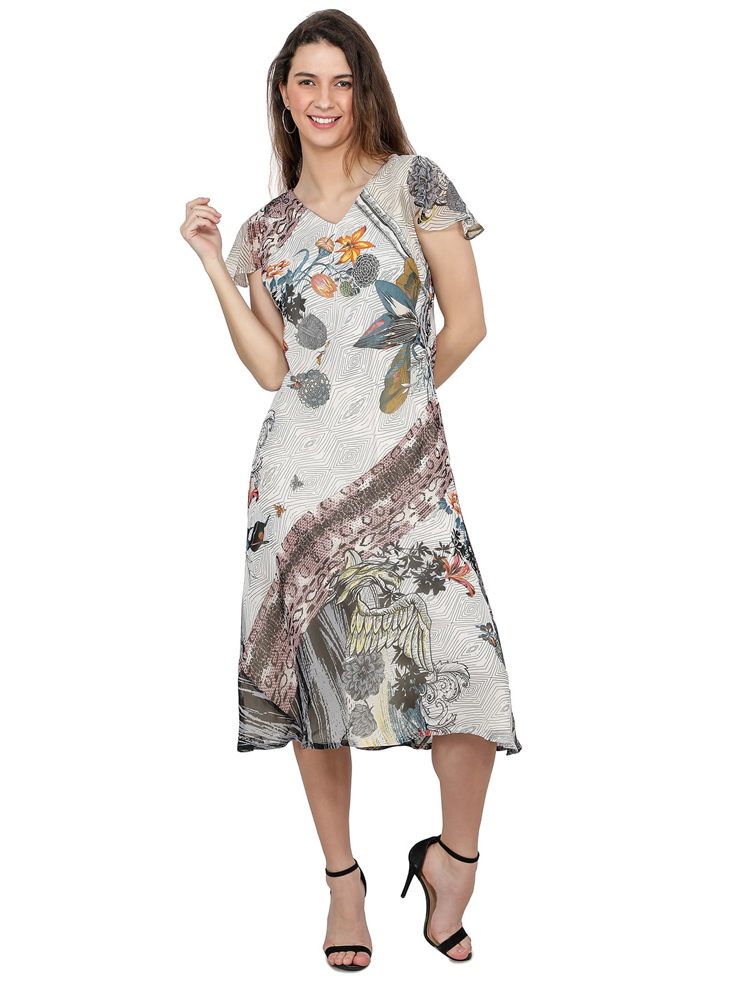 

TSM Grey Printed Floral Georgette Flared Sleeves Midi Dress