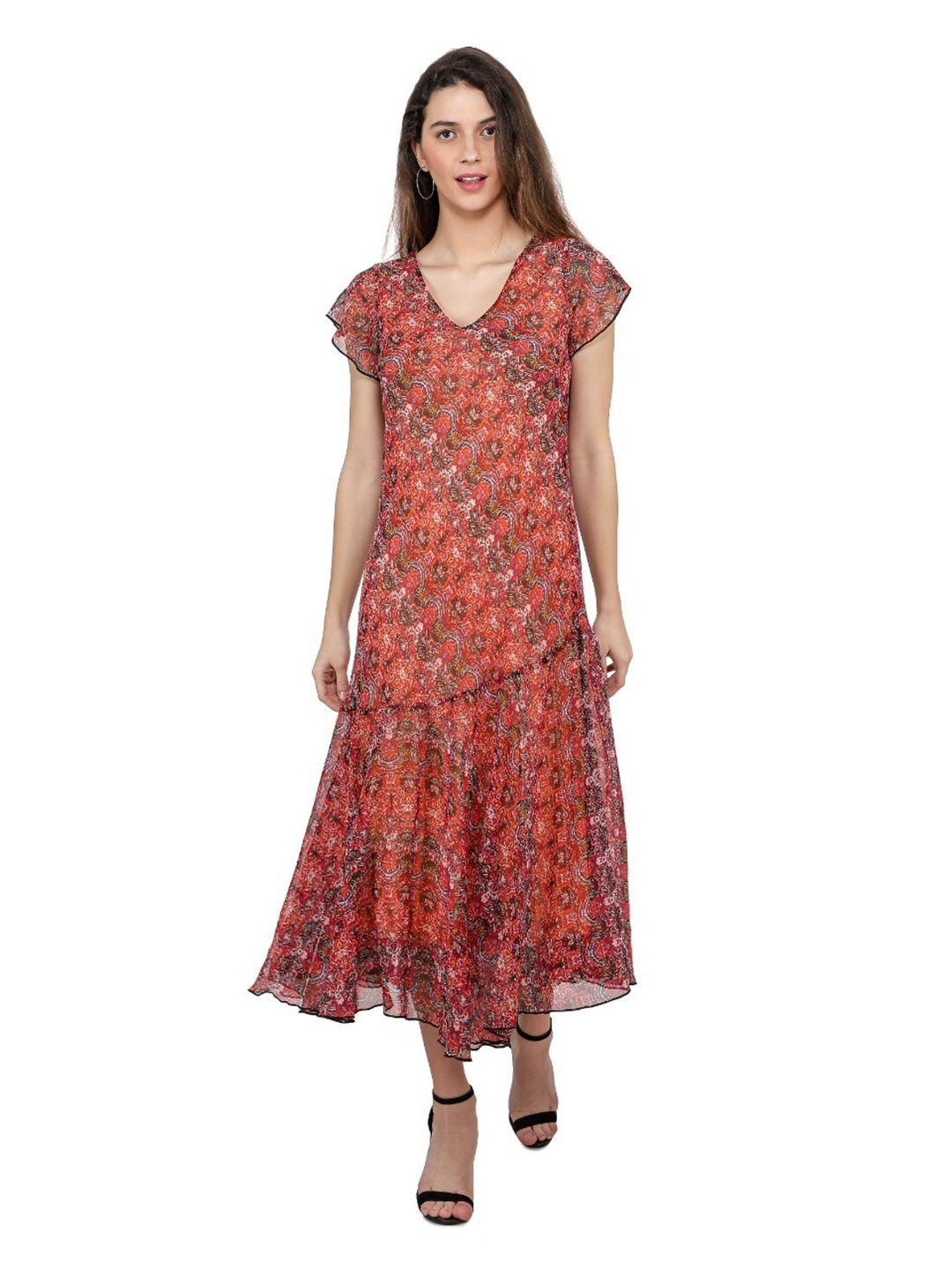 

TSM Red Floral Georgette A-Line Midi Dress