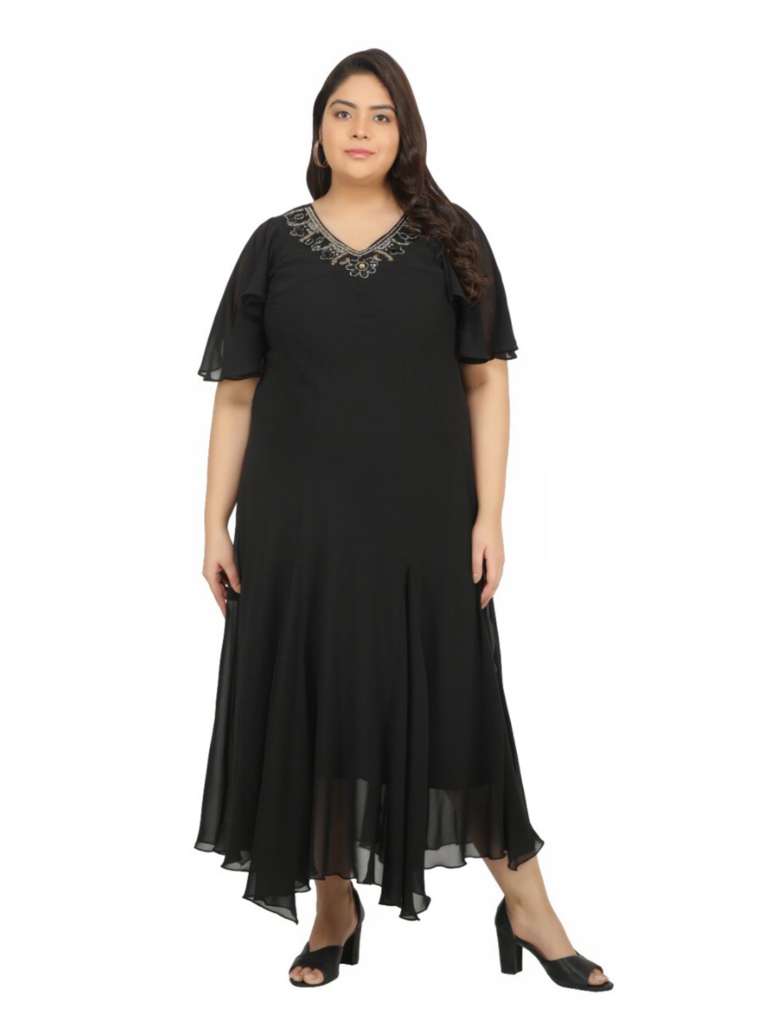 

TSM Black Plus Size Solid Georgette A-Line Maxi Dress