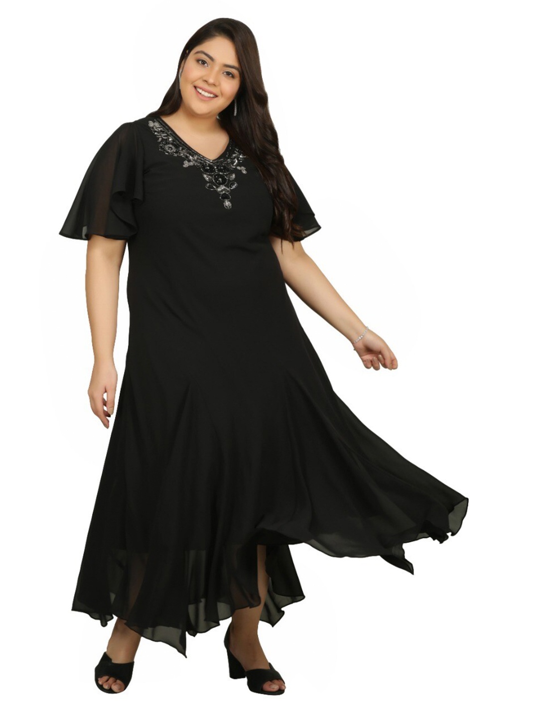 

TSM Black Solid Embellished Georgette A-Line Midi Dress