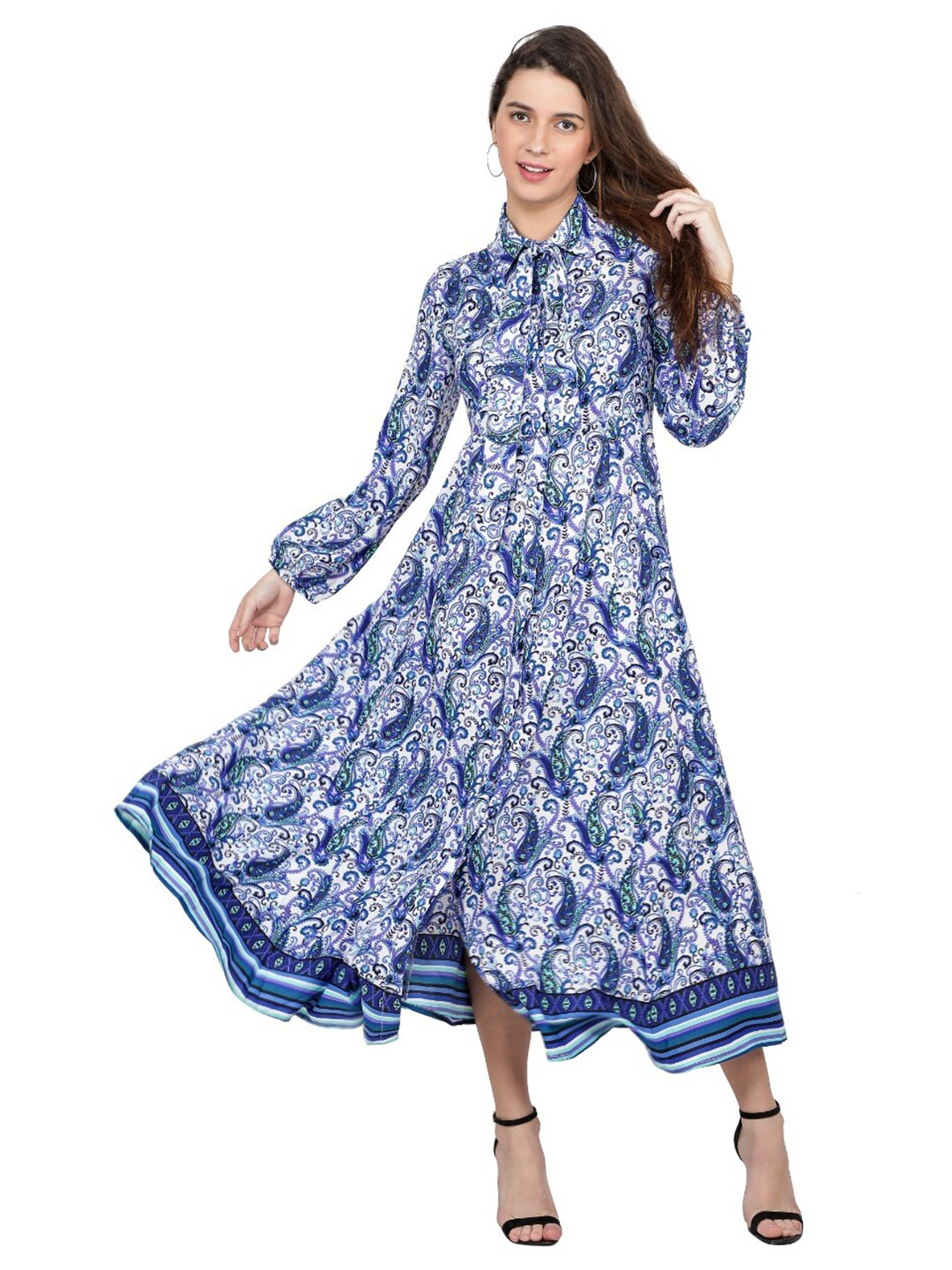

TSM Blue Printed Ethnic Motifs Tie-Up Neck Crepe Ethnic Midi Dress