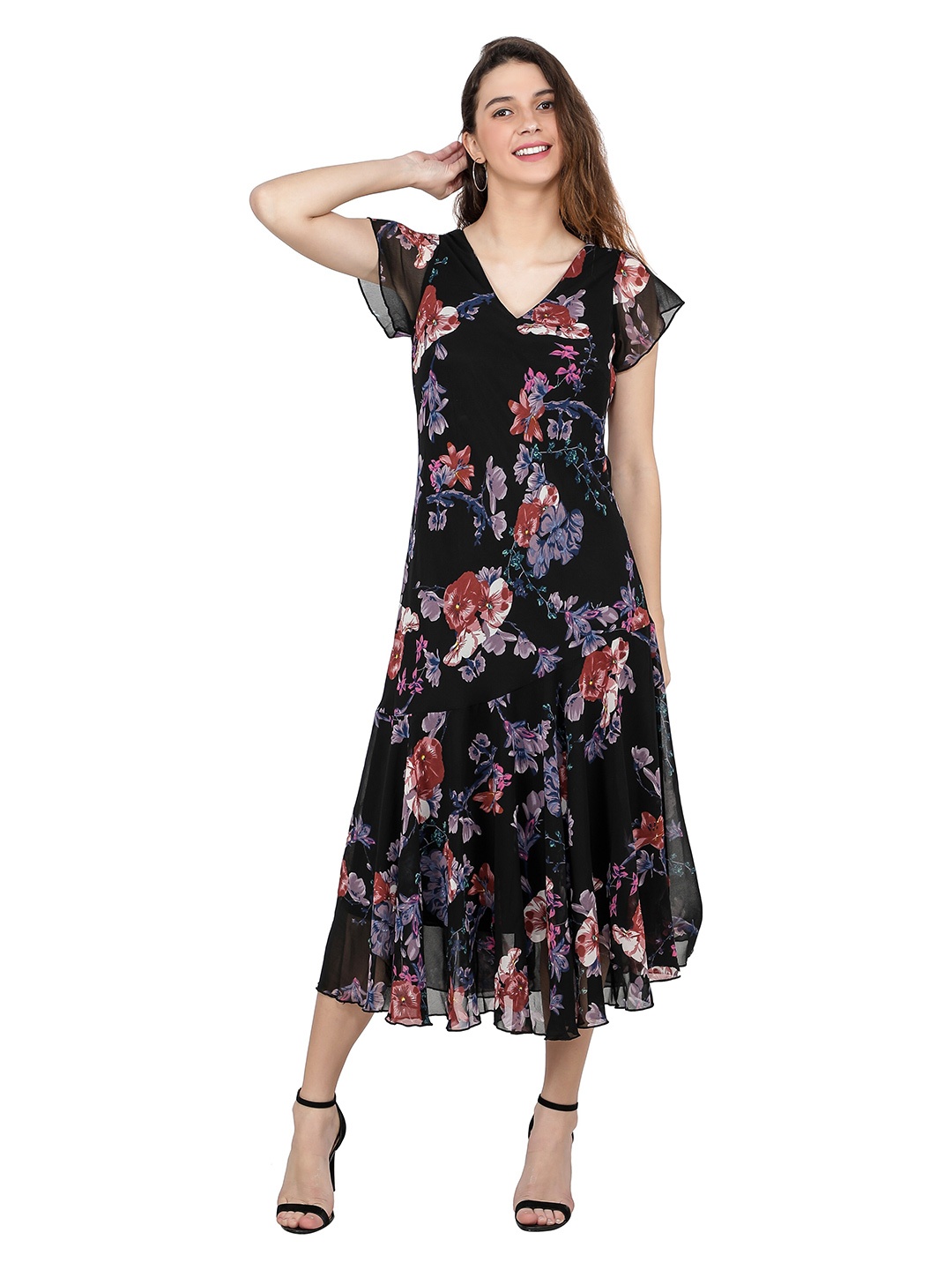 

TSM Black Printed Floral Georgette Short Flared Sleeves Midi Flared Dress