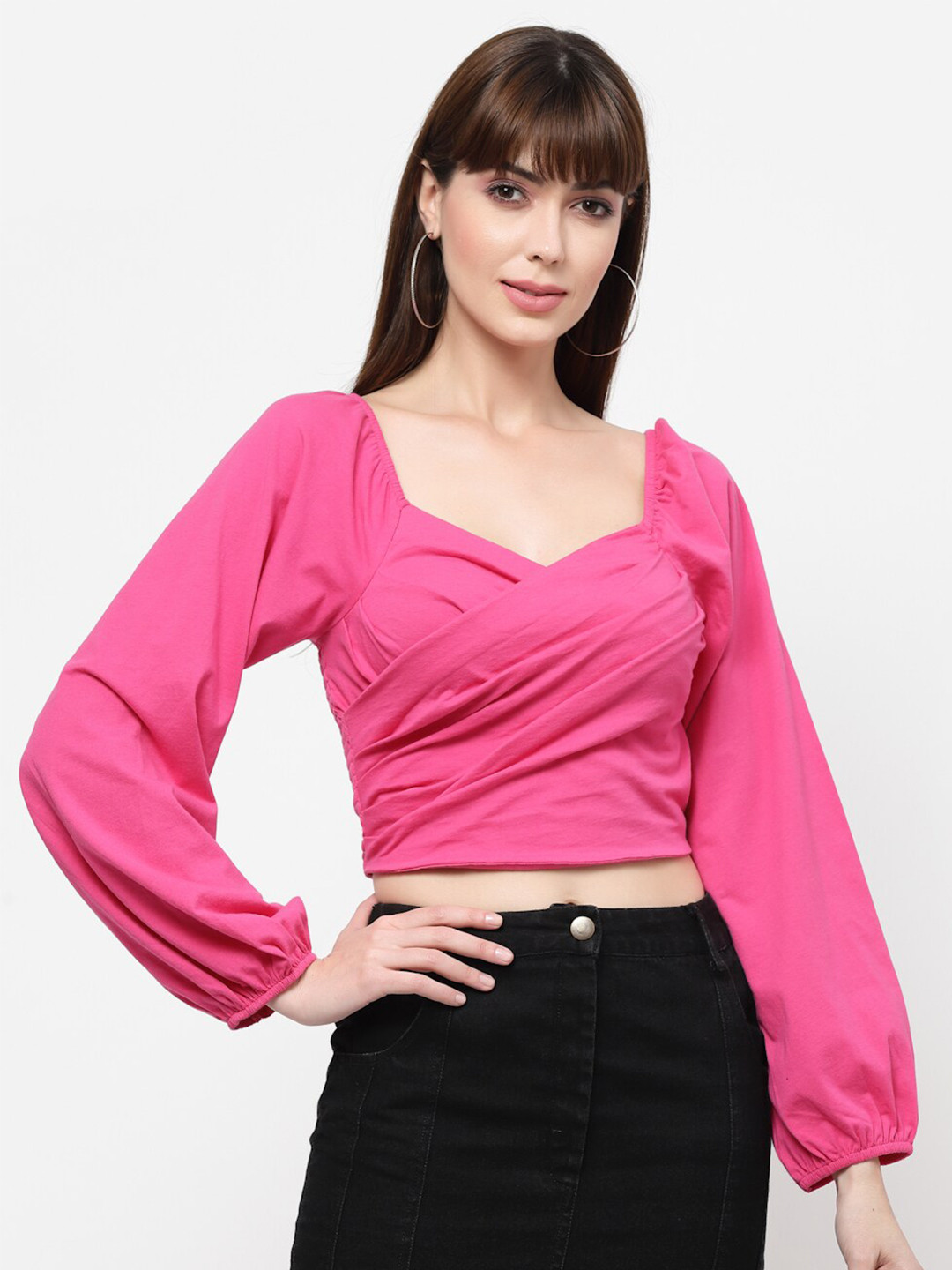 

FLAWLESS Women Pink Solid Sweetheart Neck Wrap Crop Pure Cotton Top