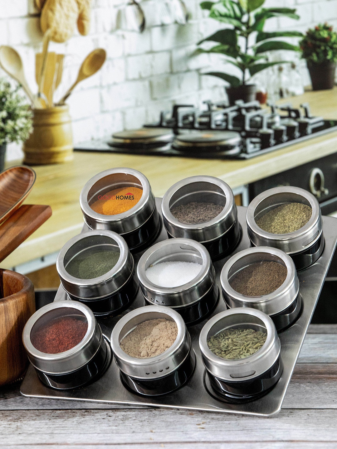 

GOODHOMES Black Set Of 9 Stainless Steel Spice Jar With Stand 80 ml Each