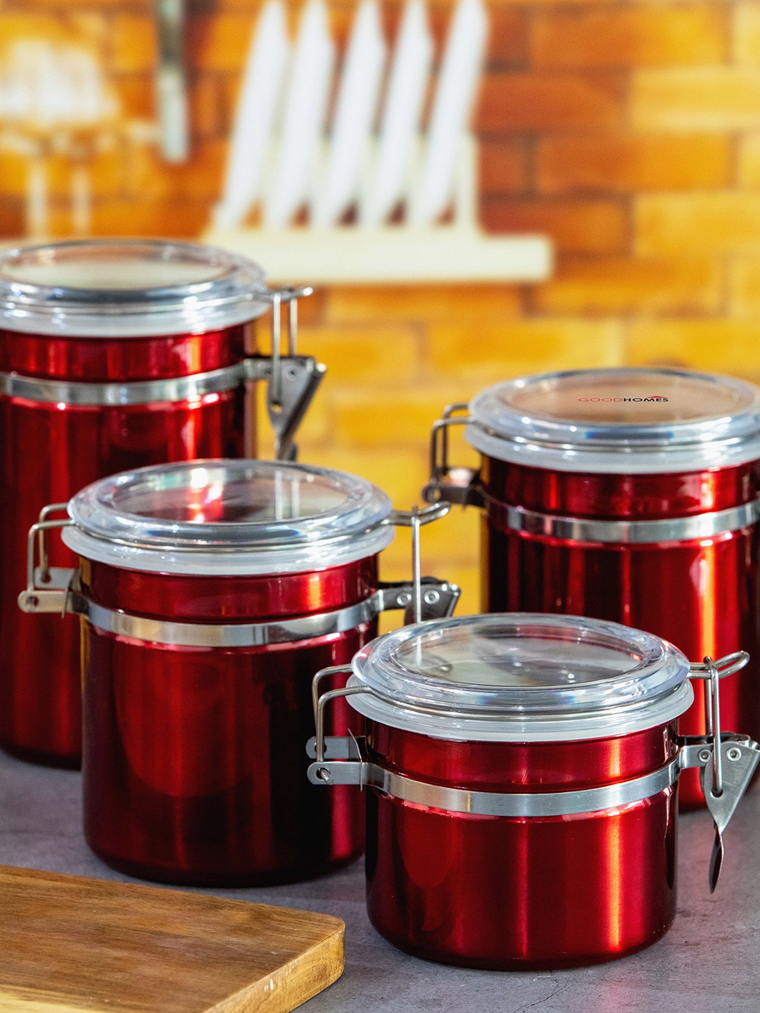 

GOODHOMES Set Of 4 Red Stainless Steel Canister 1.1 L + 850 ml + 700 ml + 500 ml