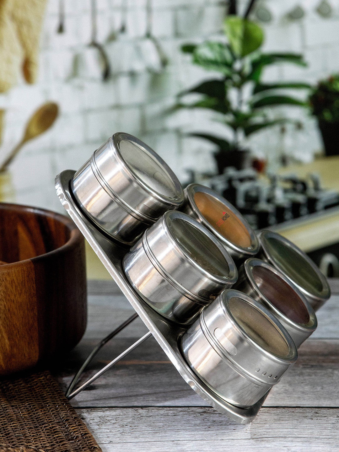 

GOODHOMES Silver-Toned Set Of 6 Stainless Steel Spice Boxes 80 ml Each with Stand