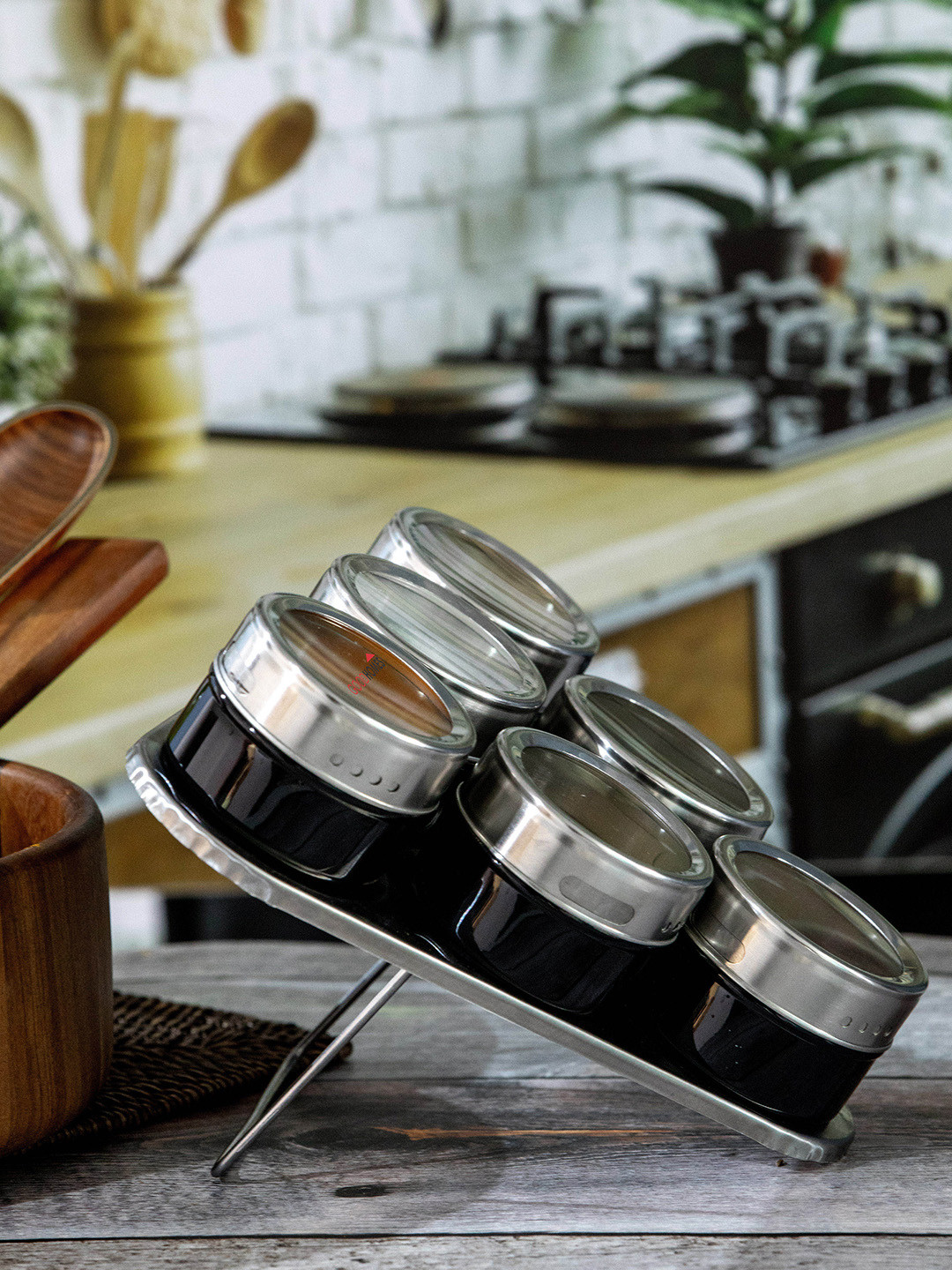

GOODHOMES Black & Sliver-Toned Set of 7 Stainless Steel Jar & Stand