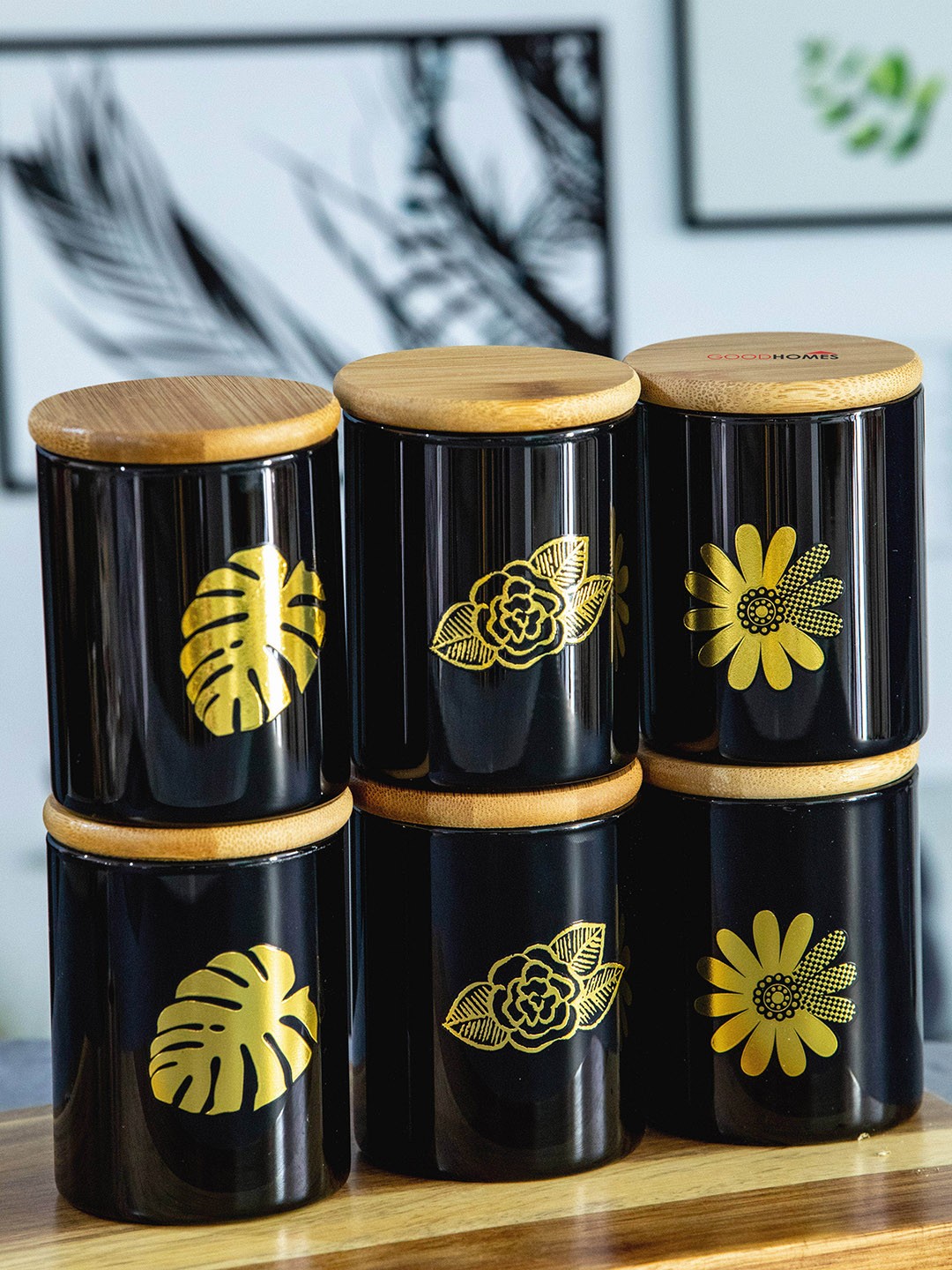 

GOODHOMES Black & Yellow Set Of 6 Printed Food Container With Lid 220 ml