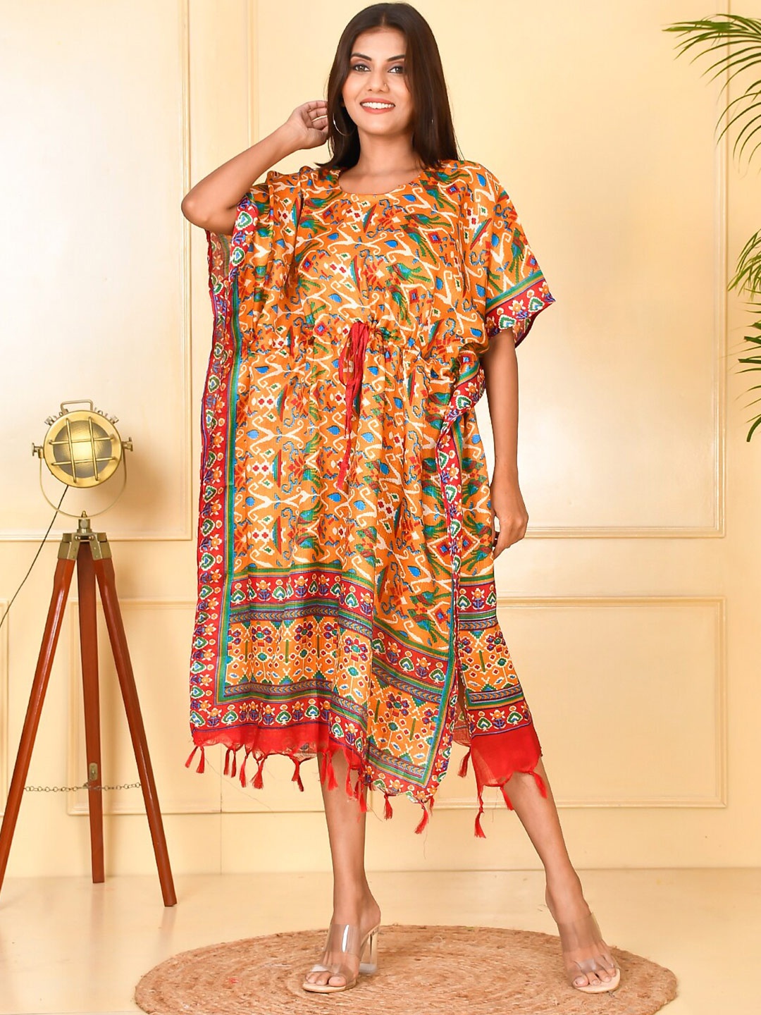 

Kesarya Women Yellow & Red Ethnic Motifs Kaftan Midi Dress