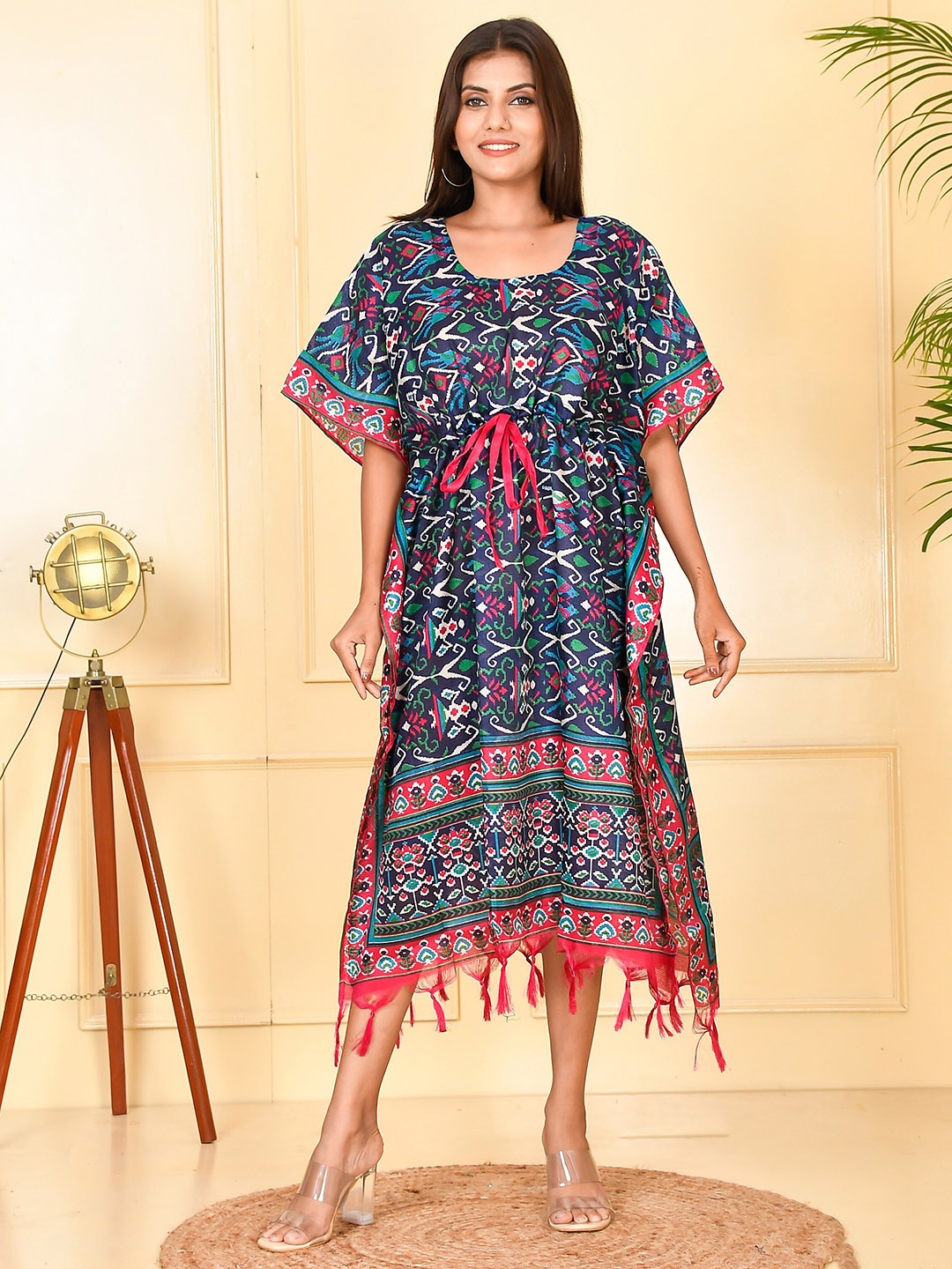 

Kesarya Blue & Red Cotton Ethnic Motifs Kaftan Midi Dress