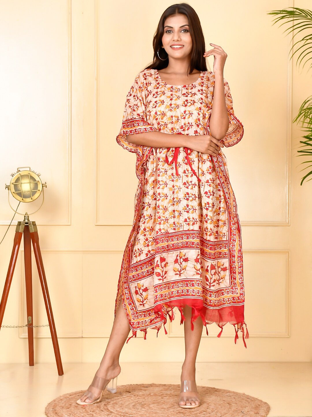 

Kesarya Cream-Coloured & Red Ethnic Motifs Ethnic Kaftan Midi Dress