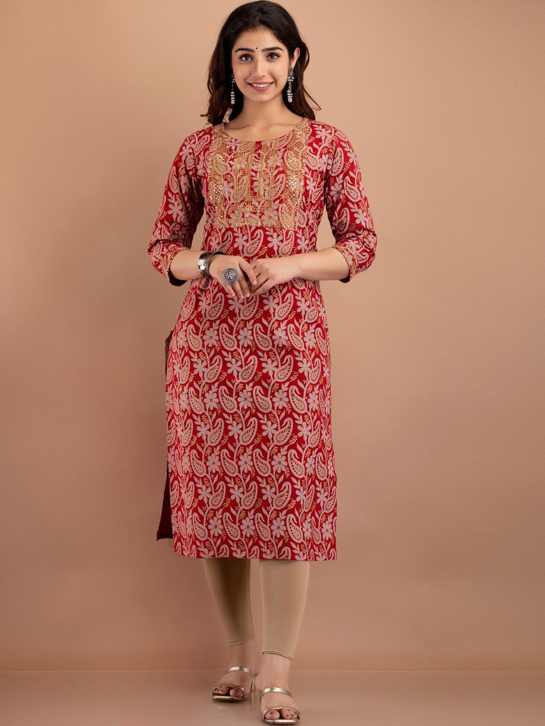 

misbis Women Maroon Ethnic Motifs Printed Rayon Kurta