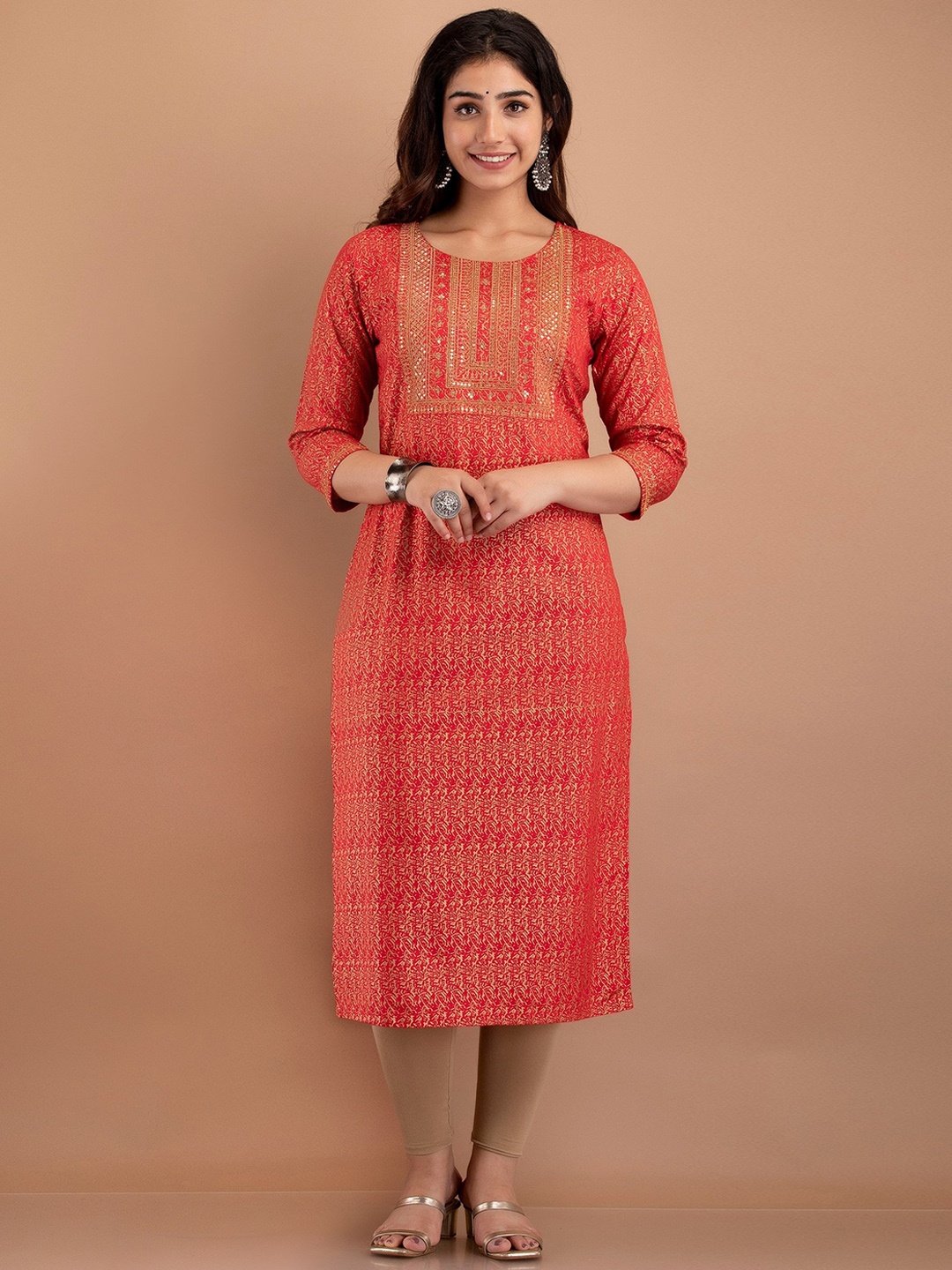 

misbis Women Red Ethnic Motifs Embroidered Rayon Kurta
