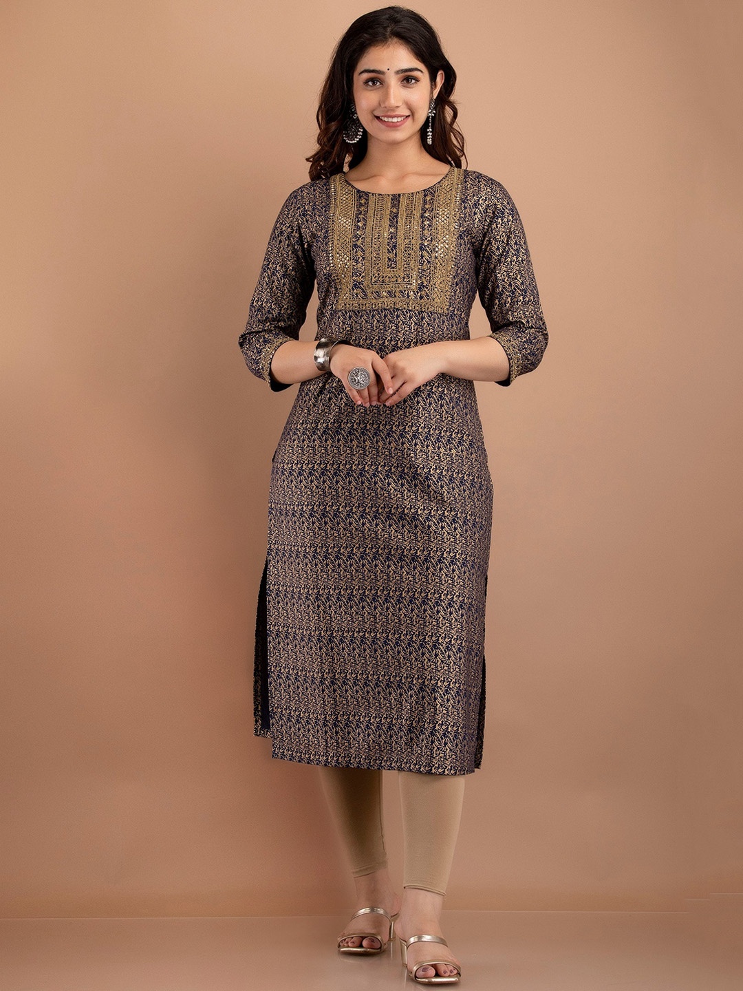 

misbis Women Navy Blue Ethnic Motifs Embroidered Rayon Kurta
