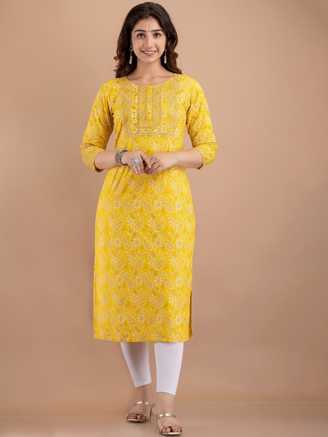 

misbis Women Yellow Ethnic Motifs Printed Rayon Kurta