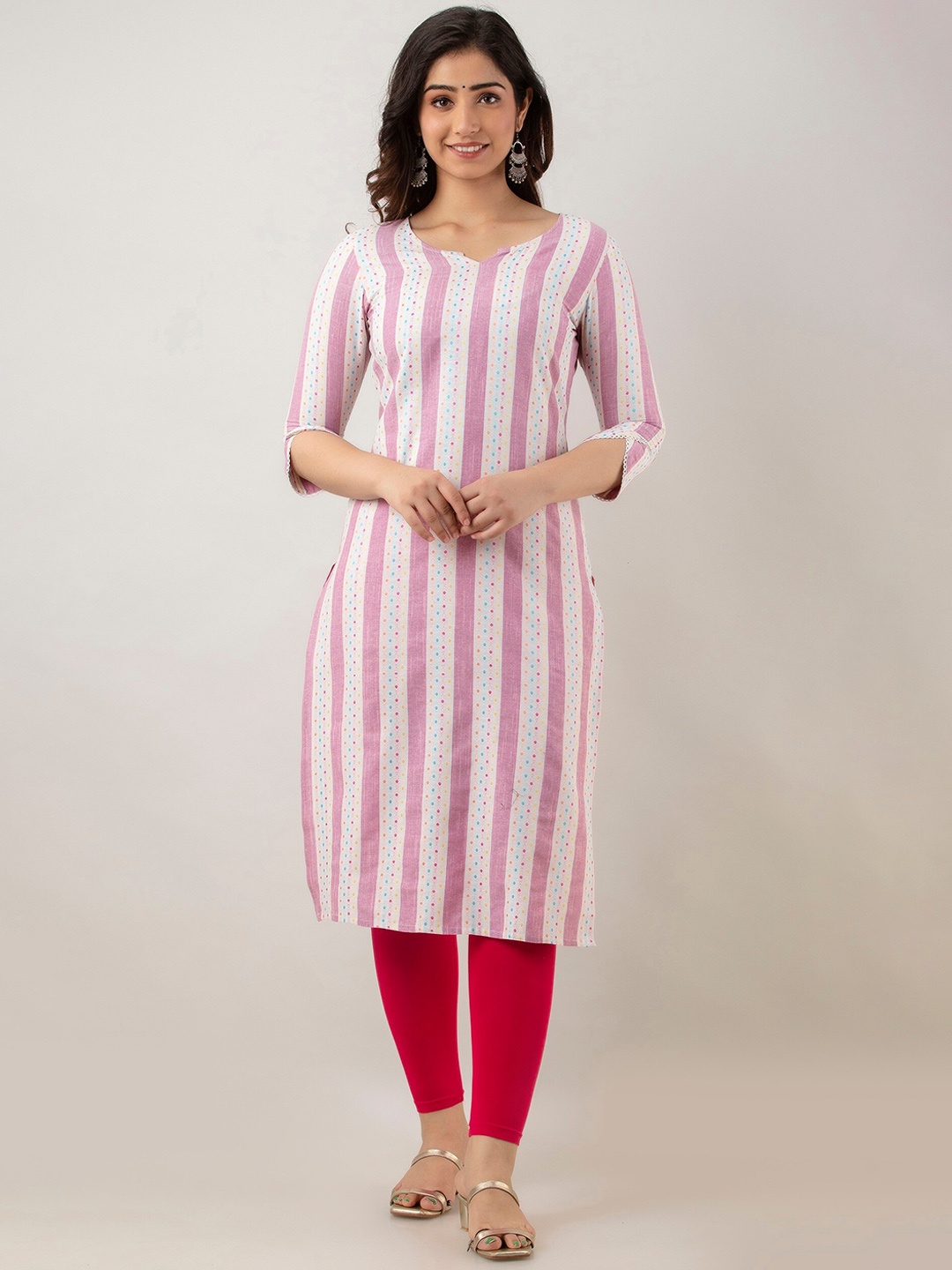 

CKM Women Pink Striped Flared Sleeves Thread Work Kurta