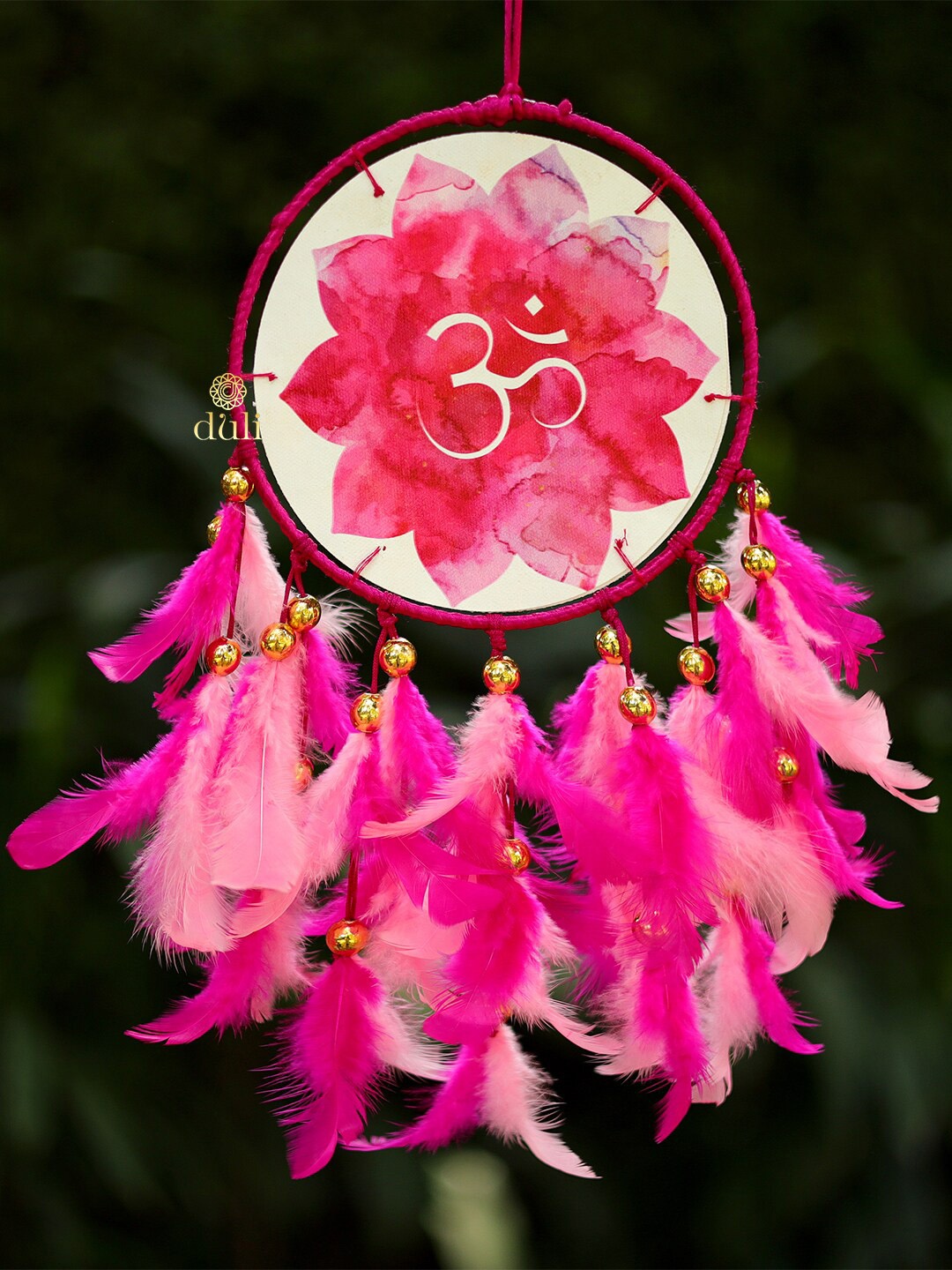 

DULI Pink Dream catcher Hanging With Om & Feather Windchime