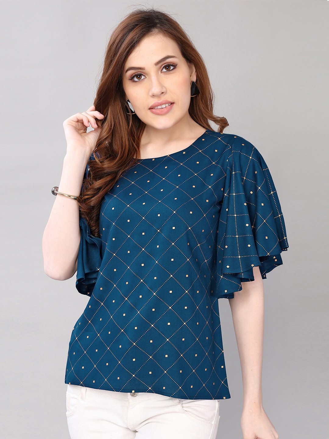 

Selvia Women Blue Geometric Print Flared Sleeves Crop Top