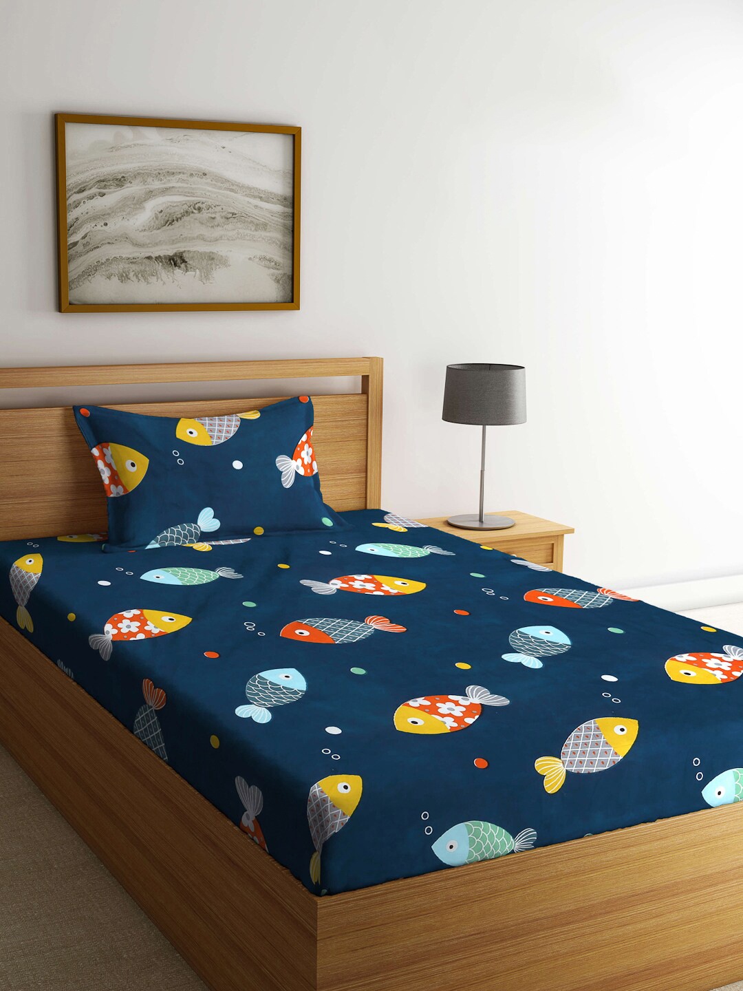 

KLOTTHE Blue & Yellow Graphic Fitted 300 TC Single Bedsheet with 1 Pillow Covers