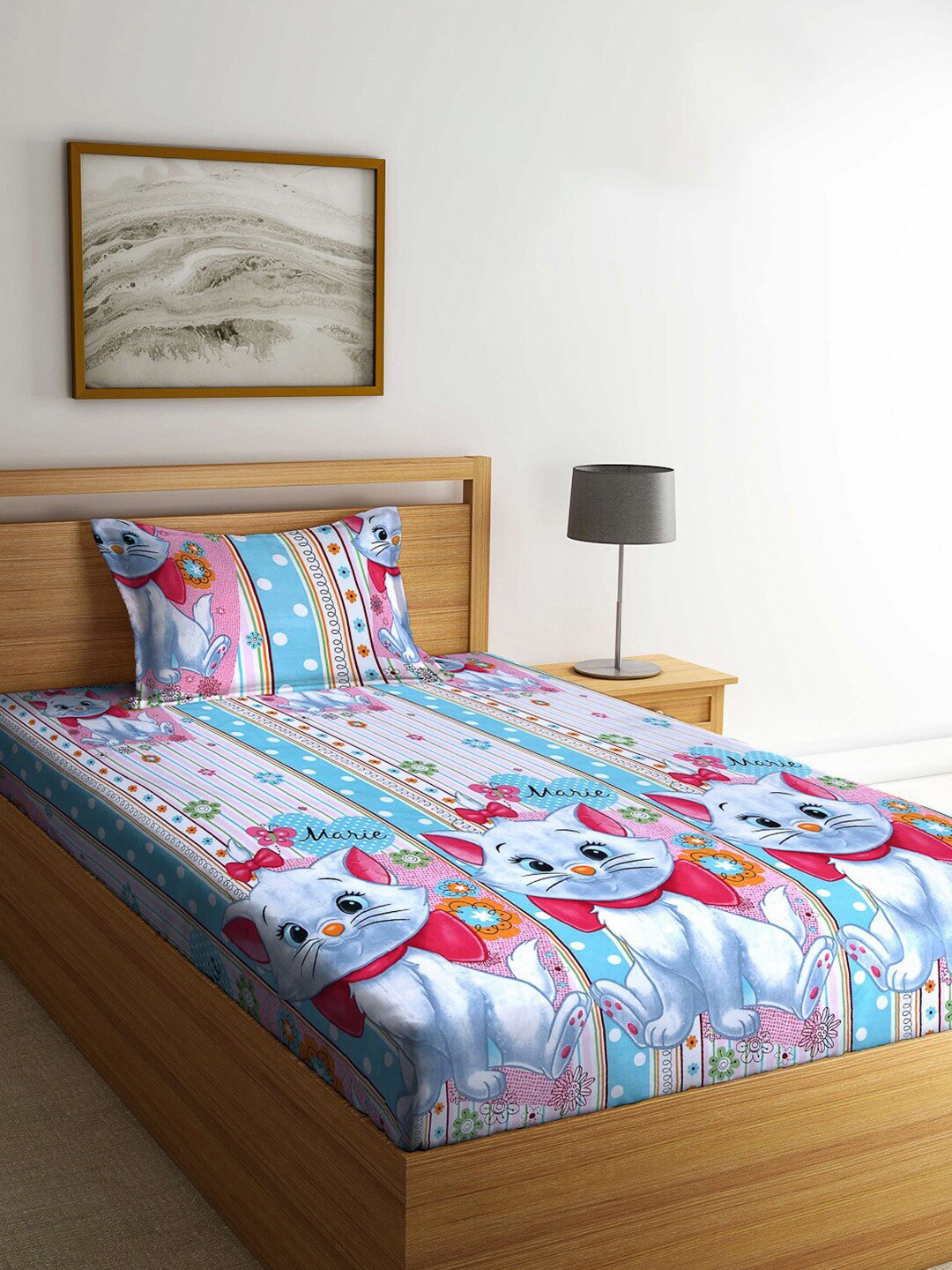 

KLOTTHE White & Blue Cartoon Characters Fitted 300 TC Single Bedsheet with 1 Pillow Covers